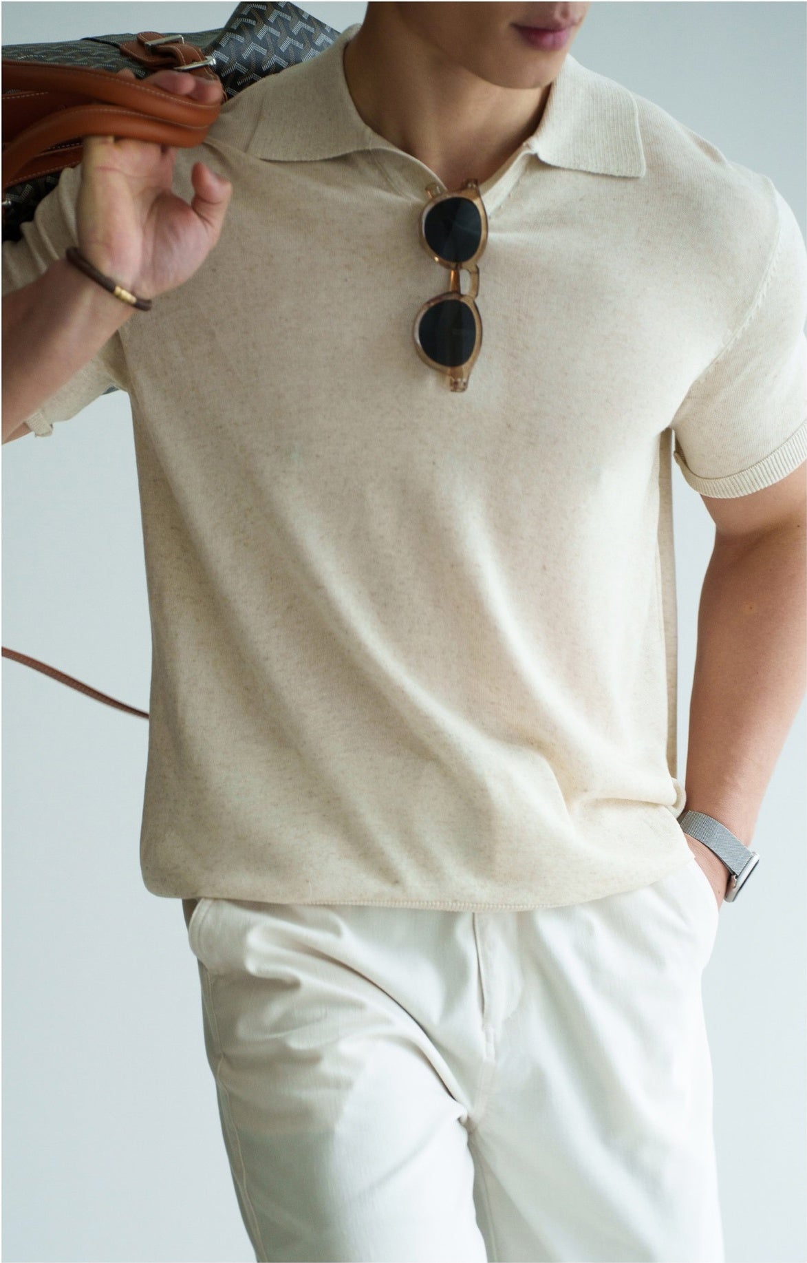 Old Money Style Linen Lyocell Knitted Polo Shirt in Oat Beige