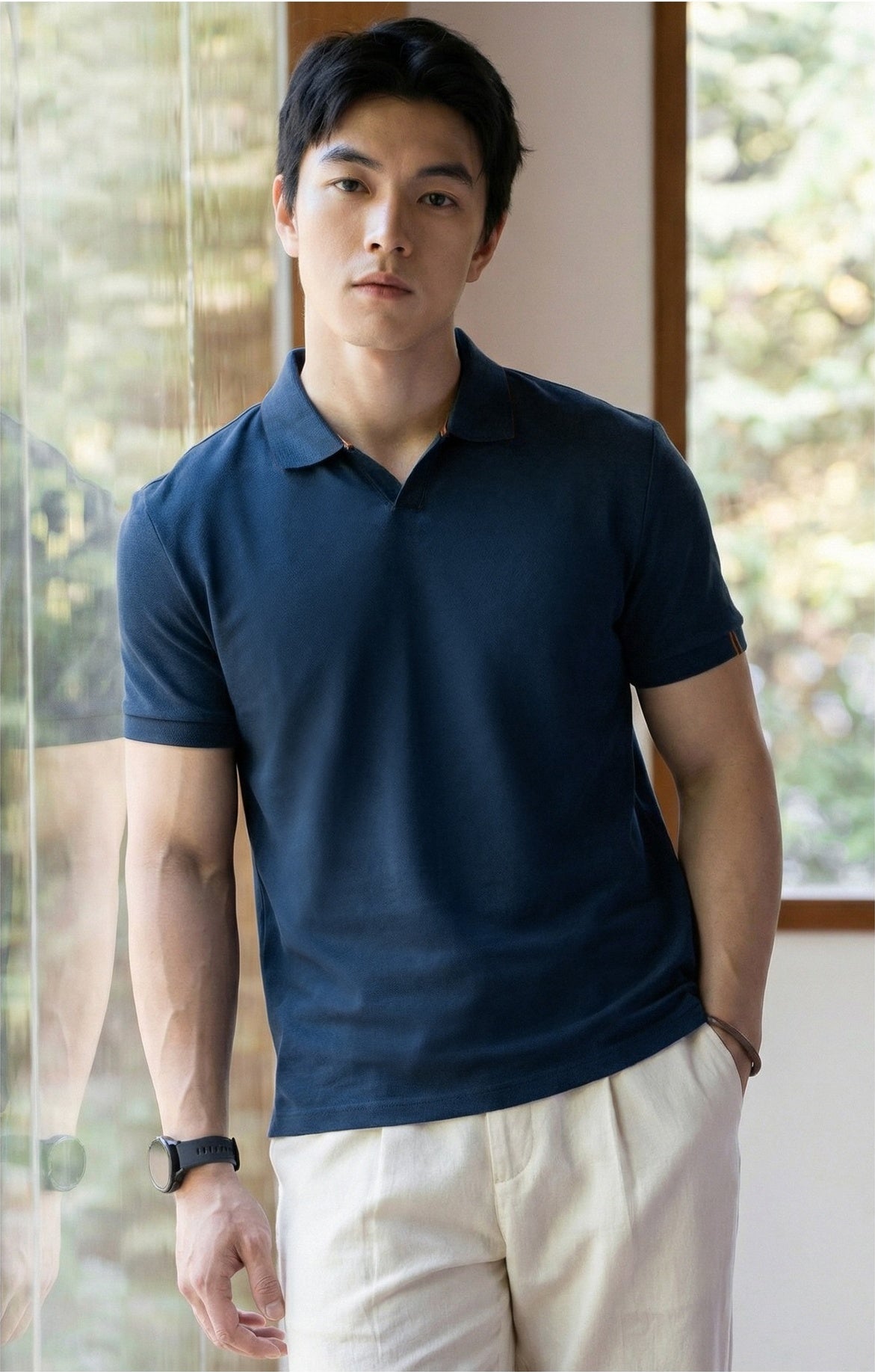 Seagull Collar Polo in Deep Navy Blue alt