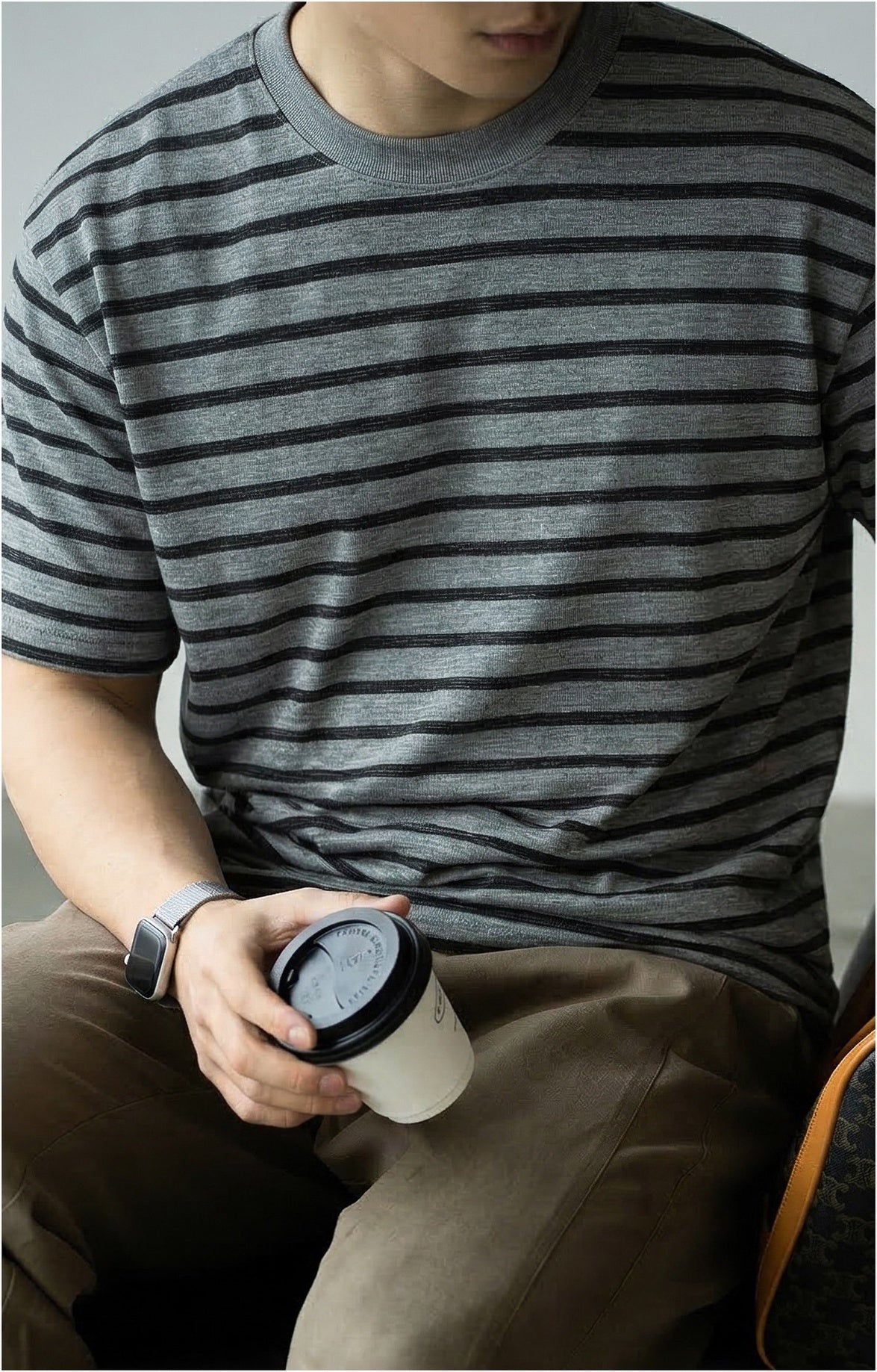 Drop-Shoulder Jacquard Stripe Tee in Dusk Grey alt
