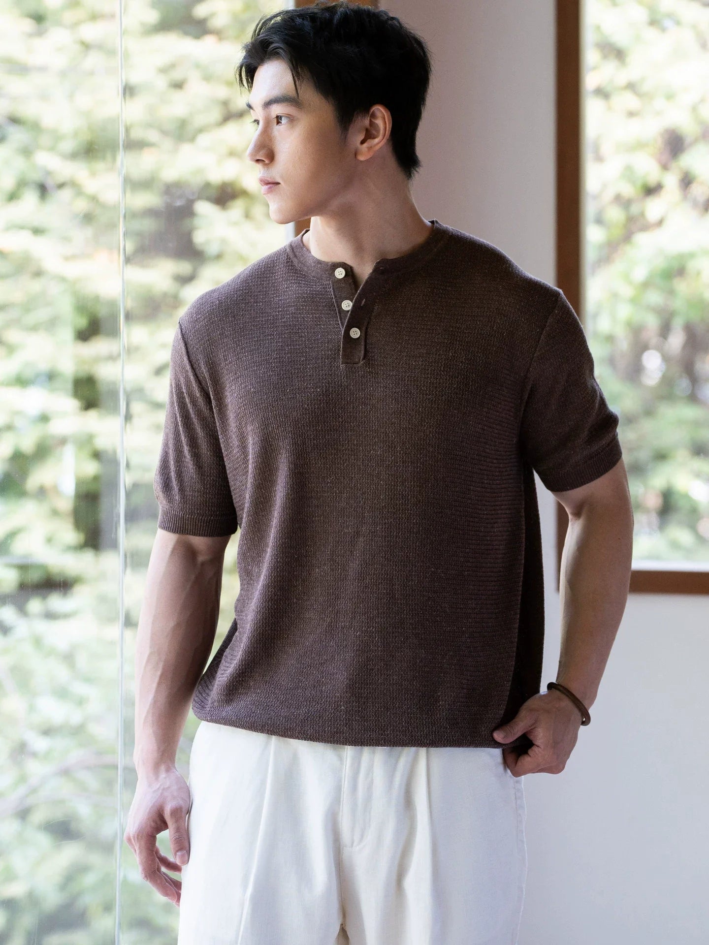 Barn Style Textured Lyocell Linen Henley Tee in Cocoa Brown alt