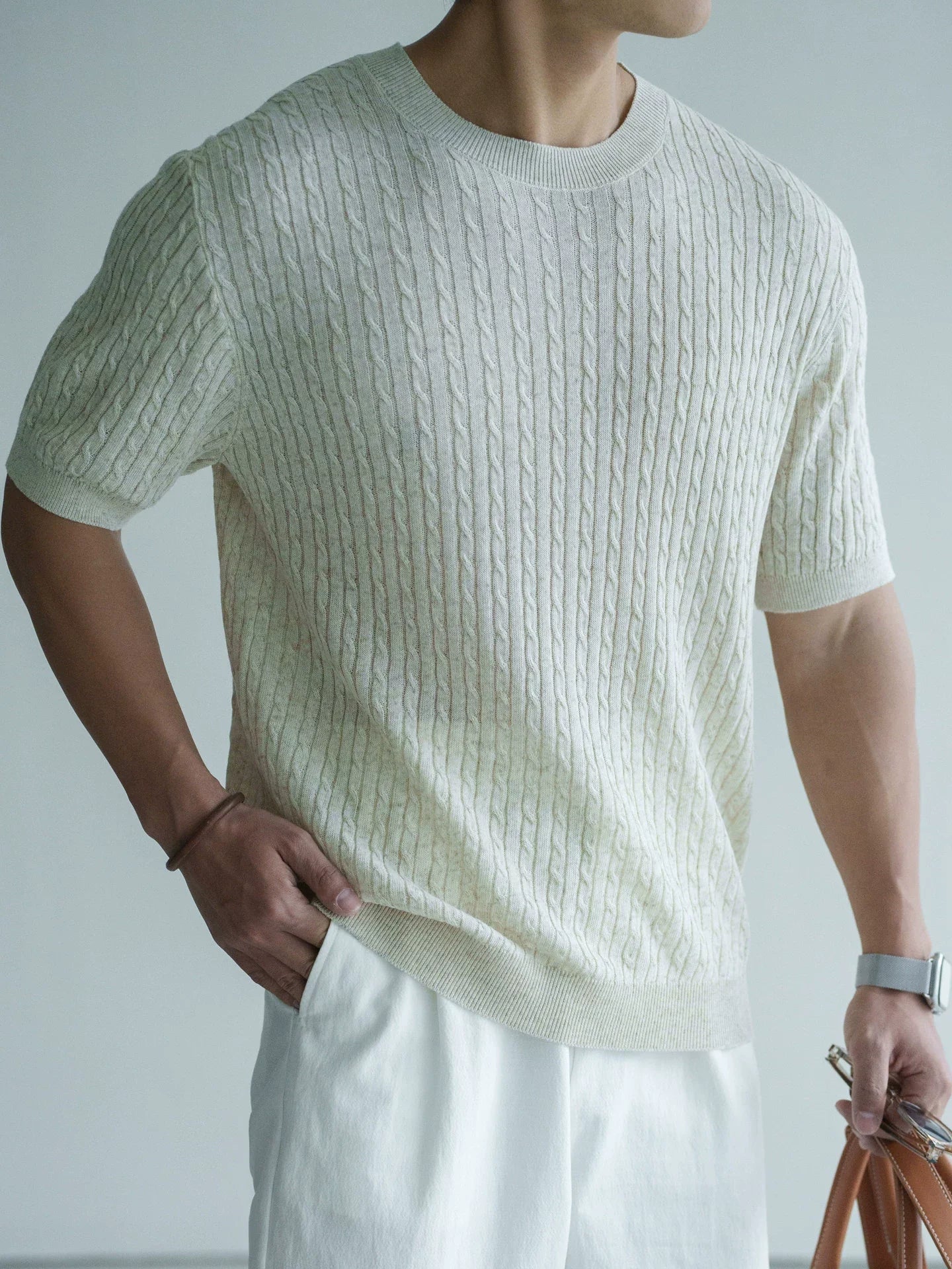 Cable Knit Linen Lyocell Tee in Apricot