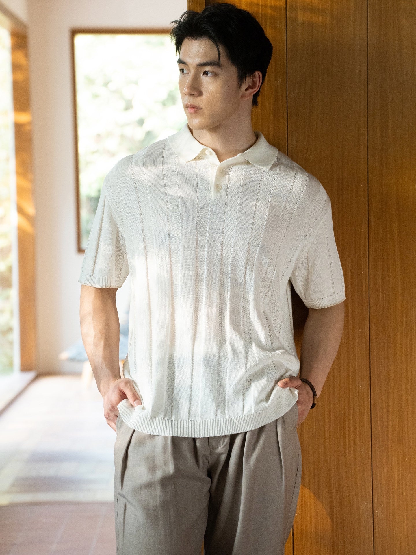 Tailored Fit Lyocell Linen Open-Knit Polo - OFFWHITE