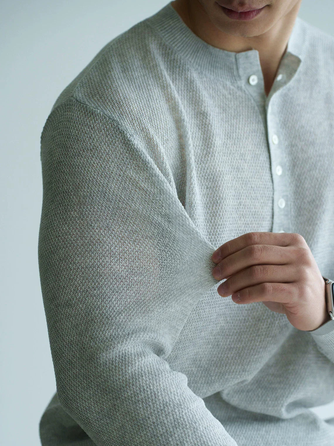 Linen Lyocell Waffle Knit Henley in Melange Grey alt