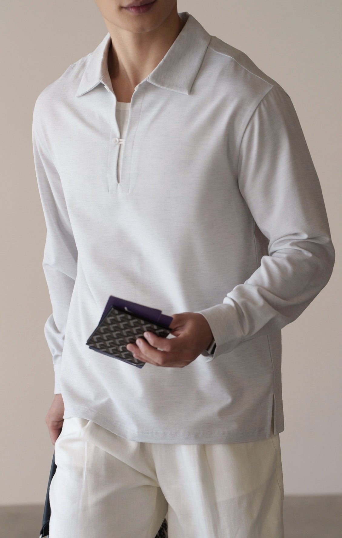 Lyocell Linen Blend Half Open Polo  - MELANGEGRAY