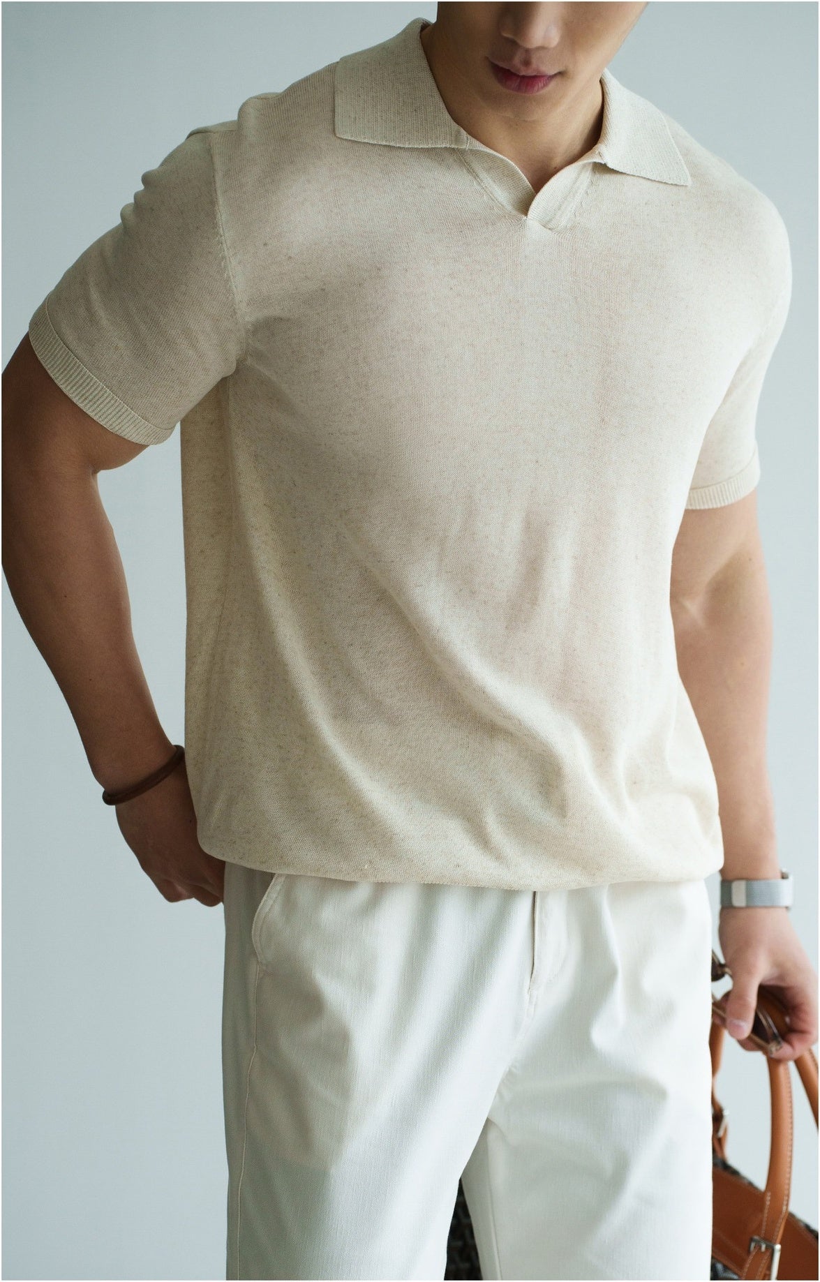 Old Money Style Linen Lyocell Knitted Polo Shirt in Oat Beige alt