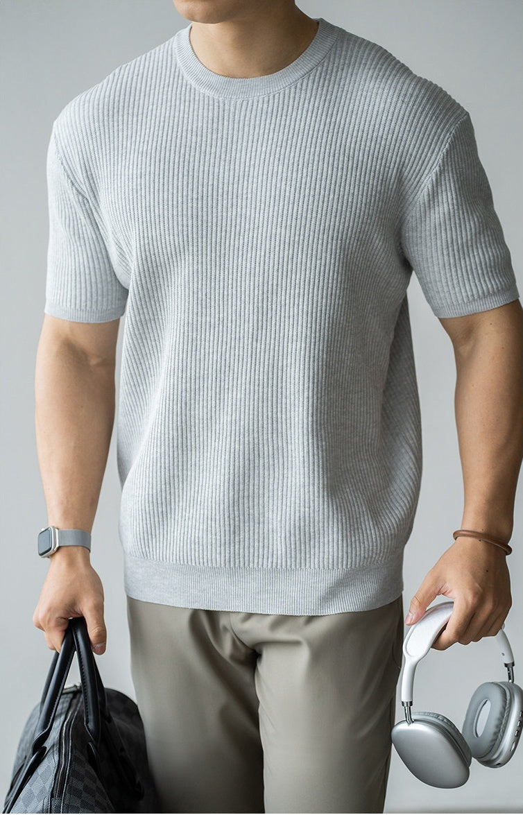 Old Money Style 100% Viscose Knit T-Shirt in Melange Grey alt