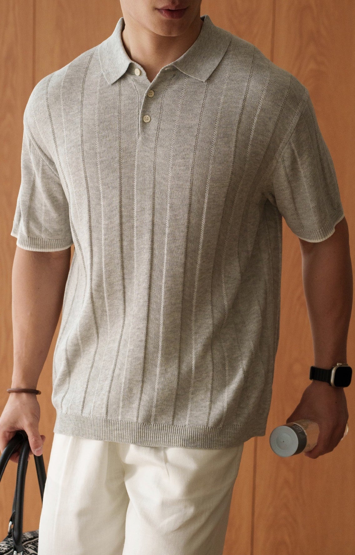Tailored Fit Lyocell Linen Open-Knit Polo - MELANGEGRAY