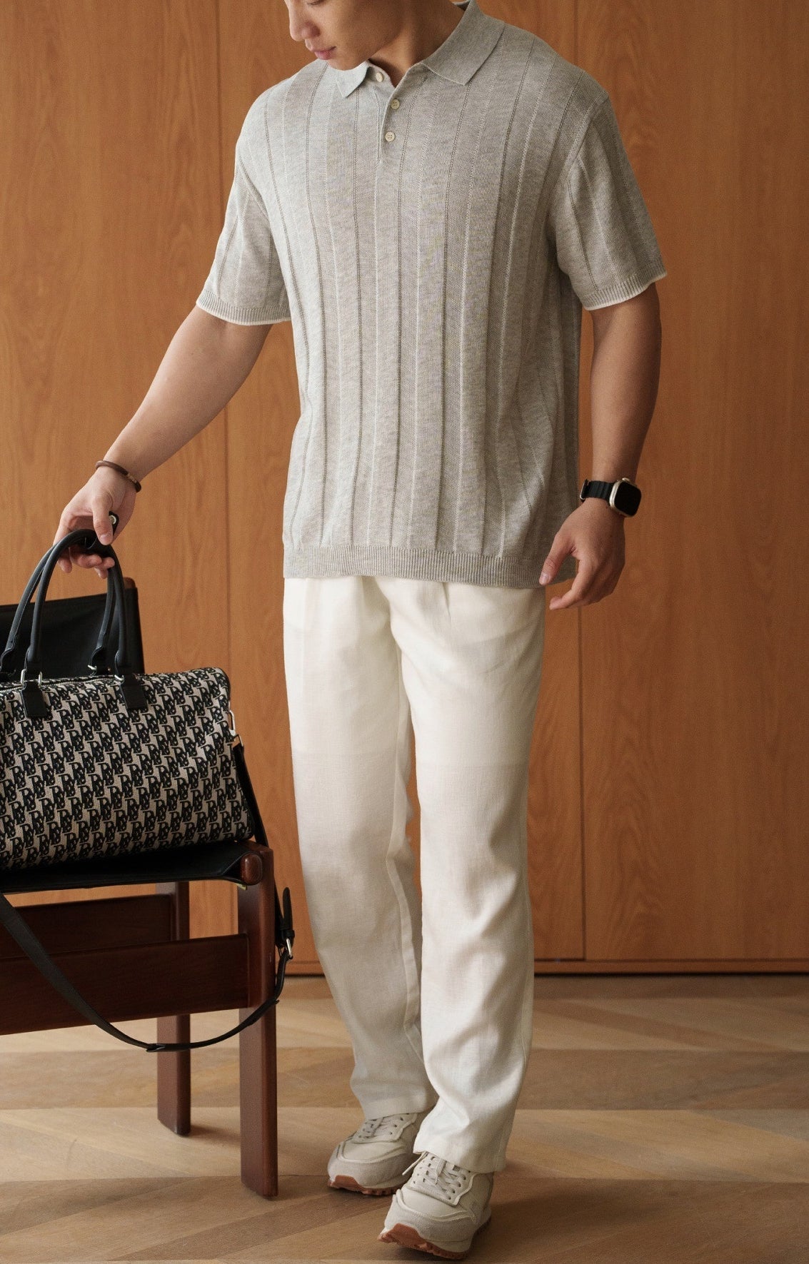 Tailored Fit Lyocell Linen Open-Knit Polo - MELANGEGRAY alt