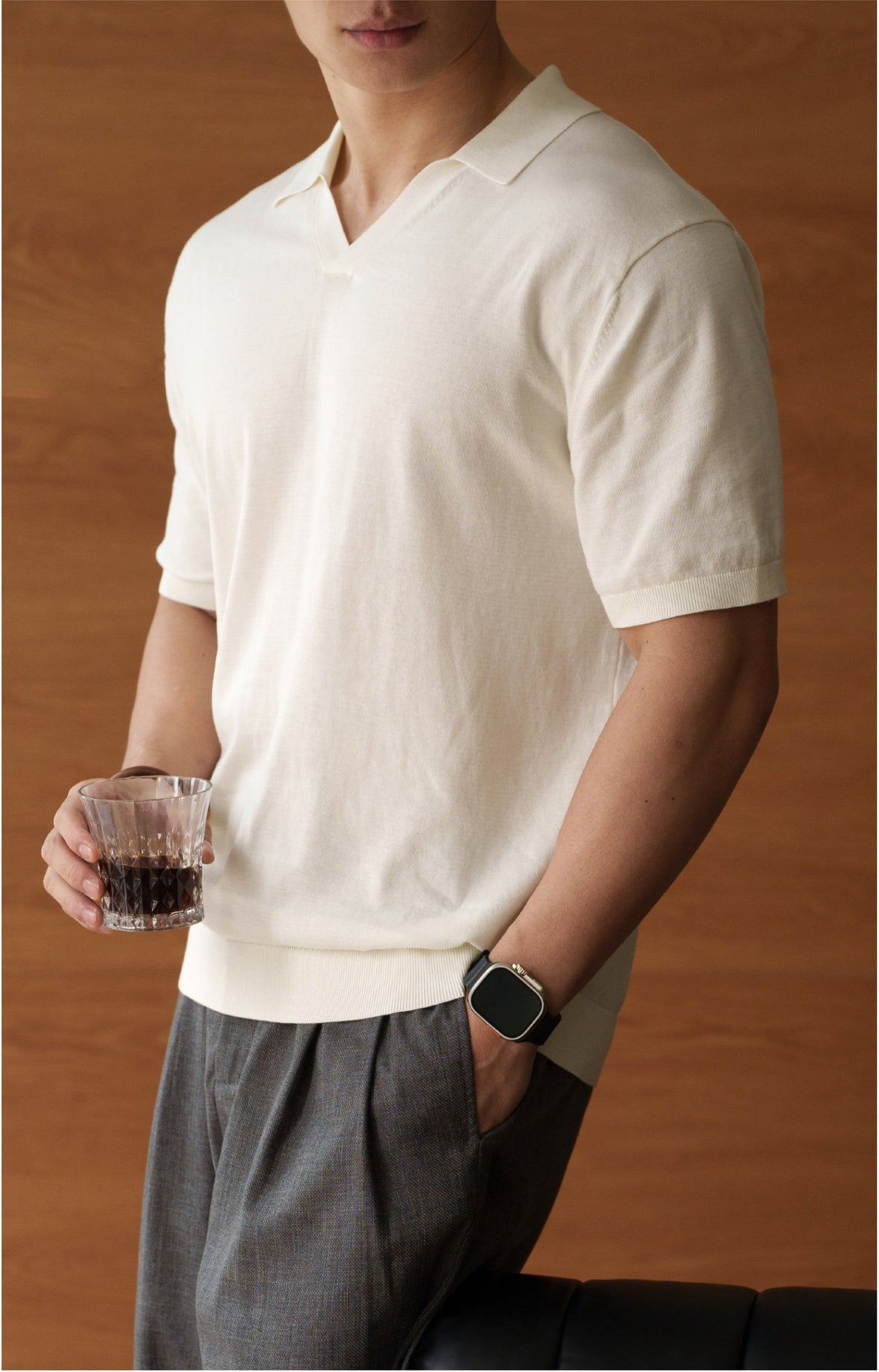 Fine Twist 96% Cotton Knit Polo in Ivory alt