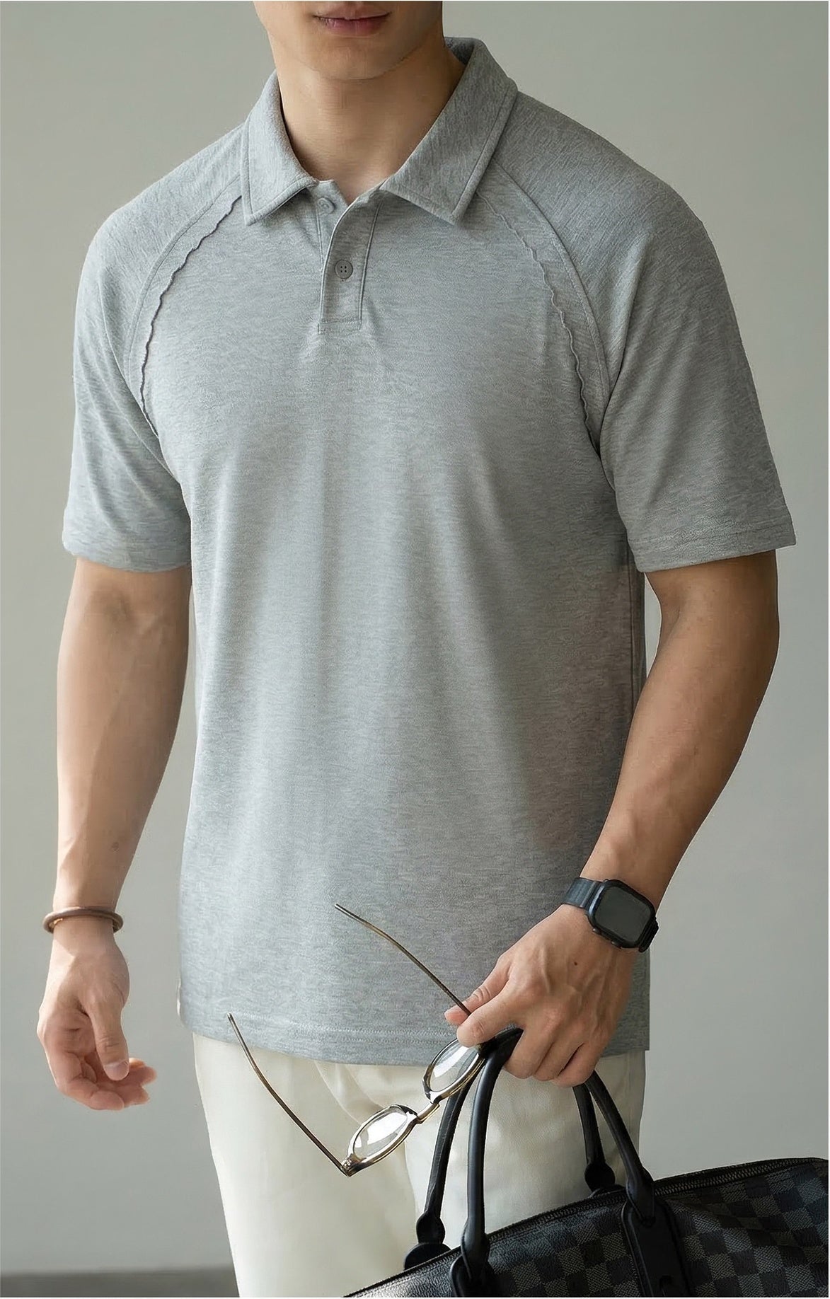 Old Money Style Cotton Blend Raglan Polo Tee in Ash Grey alt