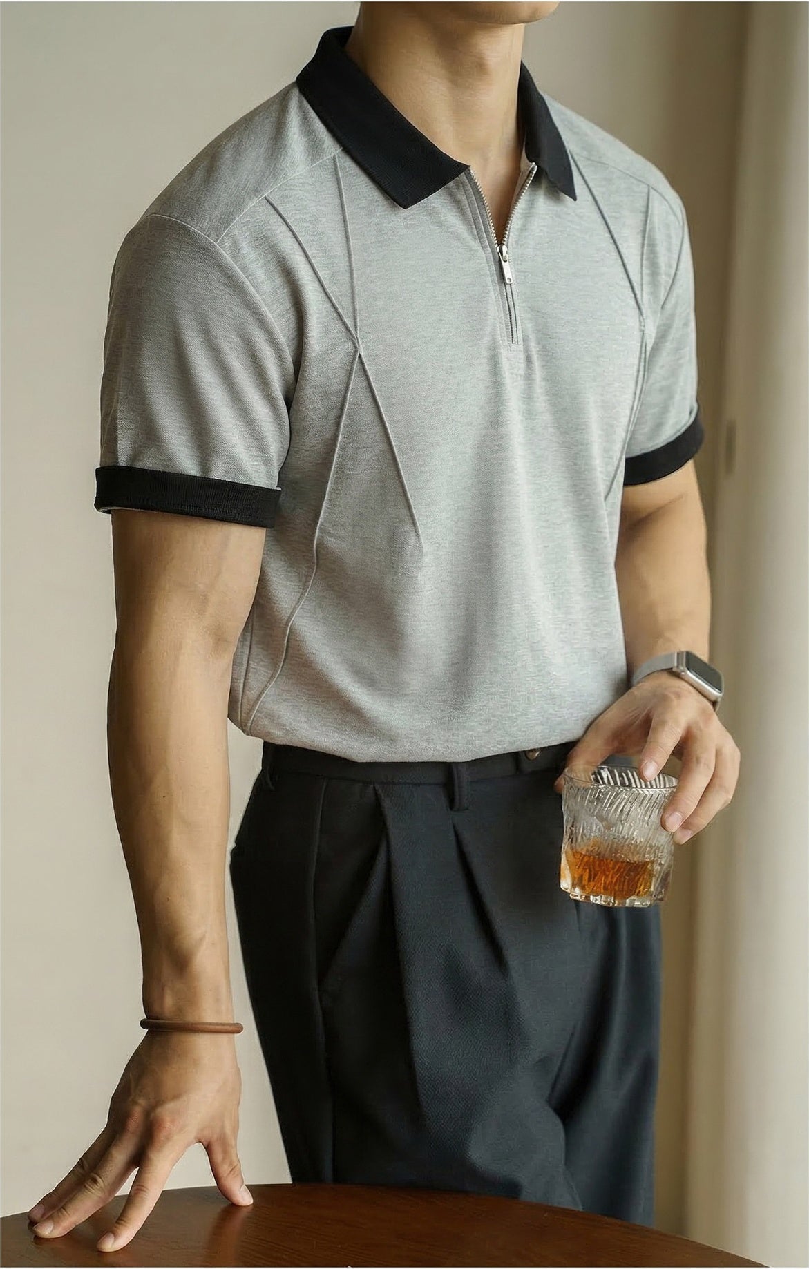 Old Money Mercerized Toothpick Strip Polo Tee in Ivory Coffee