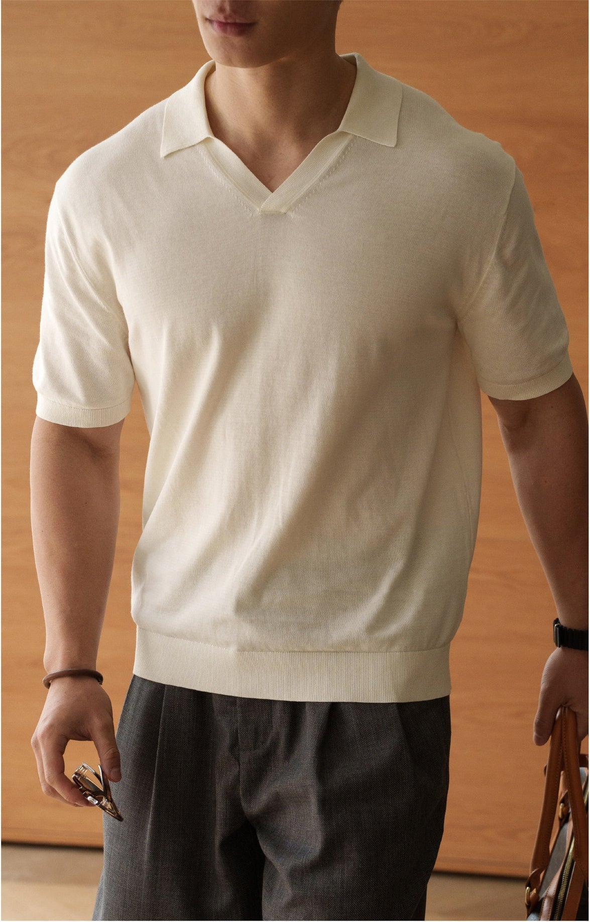 Fine Twist 96% Cotton Knit Polo in Ivory