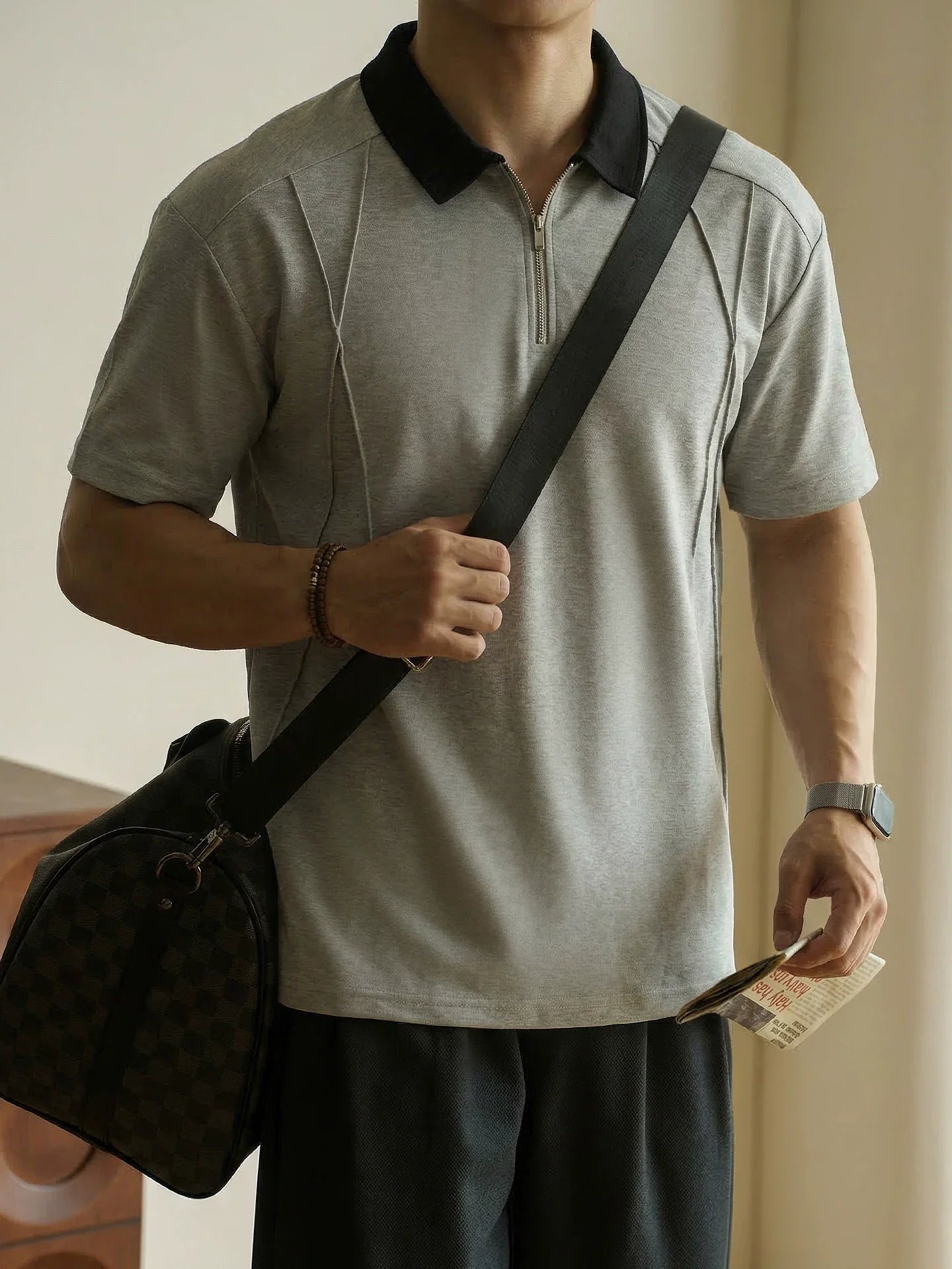 Old Money Mercerized Toothpick Strip Polo Tee in Ivory Coffee alt