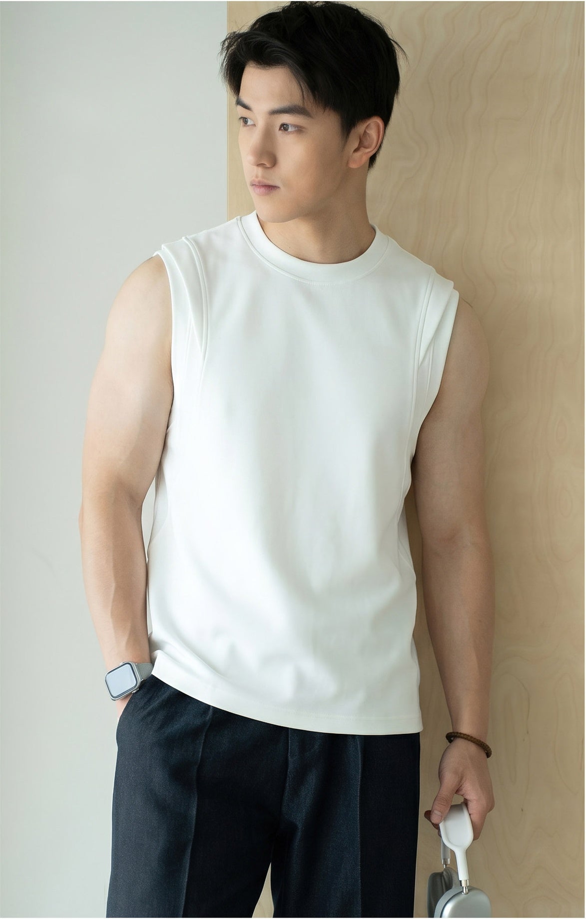 Broad-Shoulder Epaulet Armhole Vest in Almond White