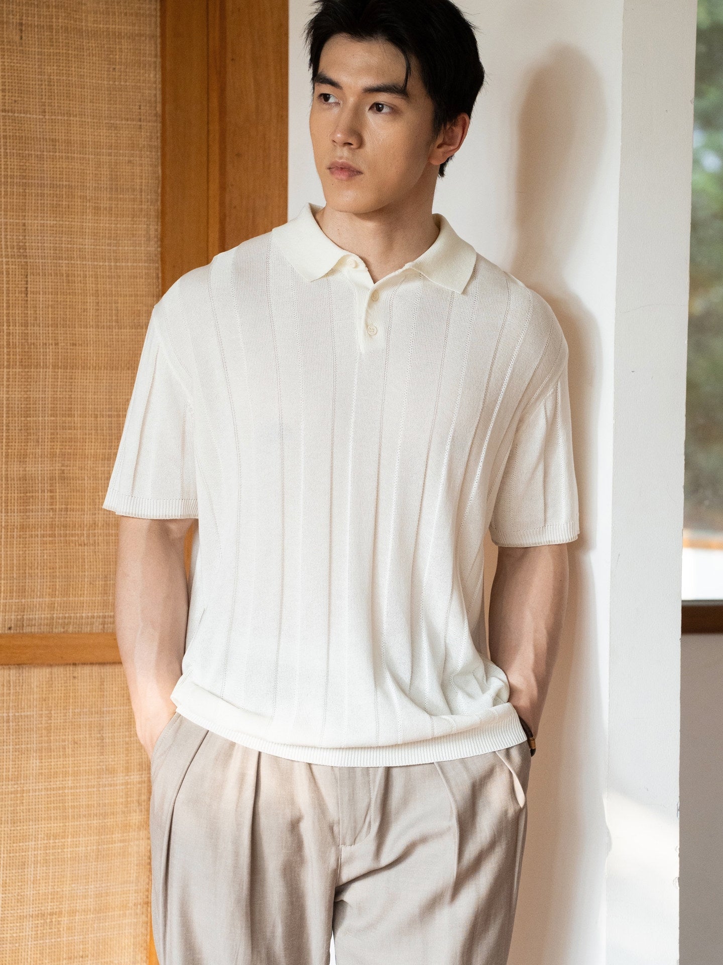 Tailored Fit Lyocell Linen Open-Knit Polo - OFFWHITE alt