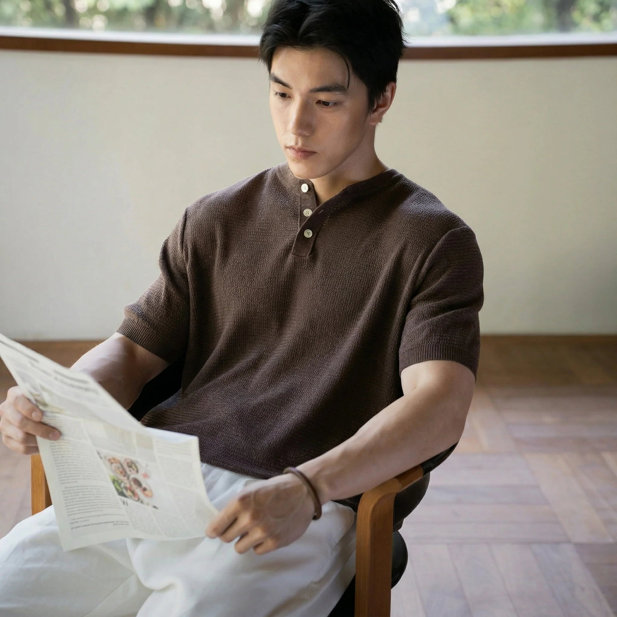 Barn Style Textured Lyocell Linen Henley Tee in Cocoa Brown