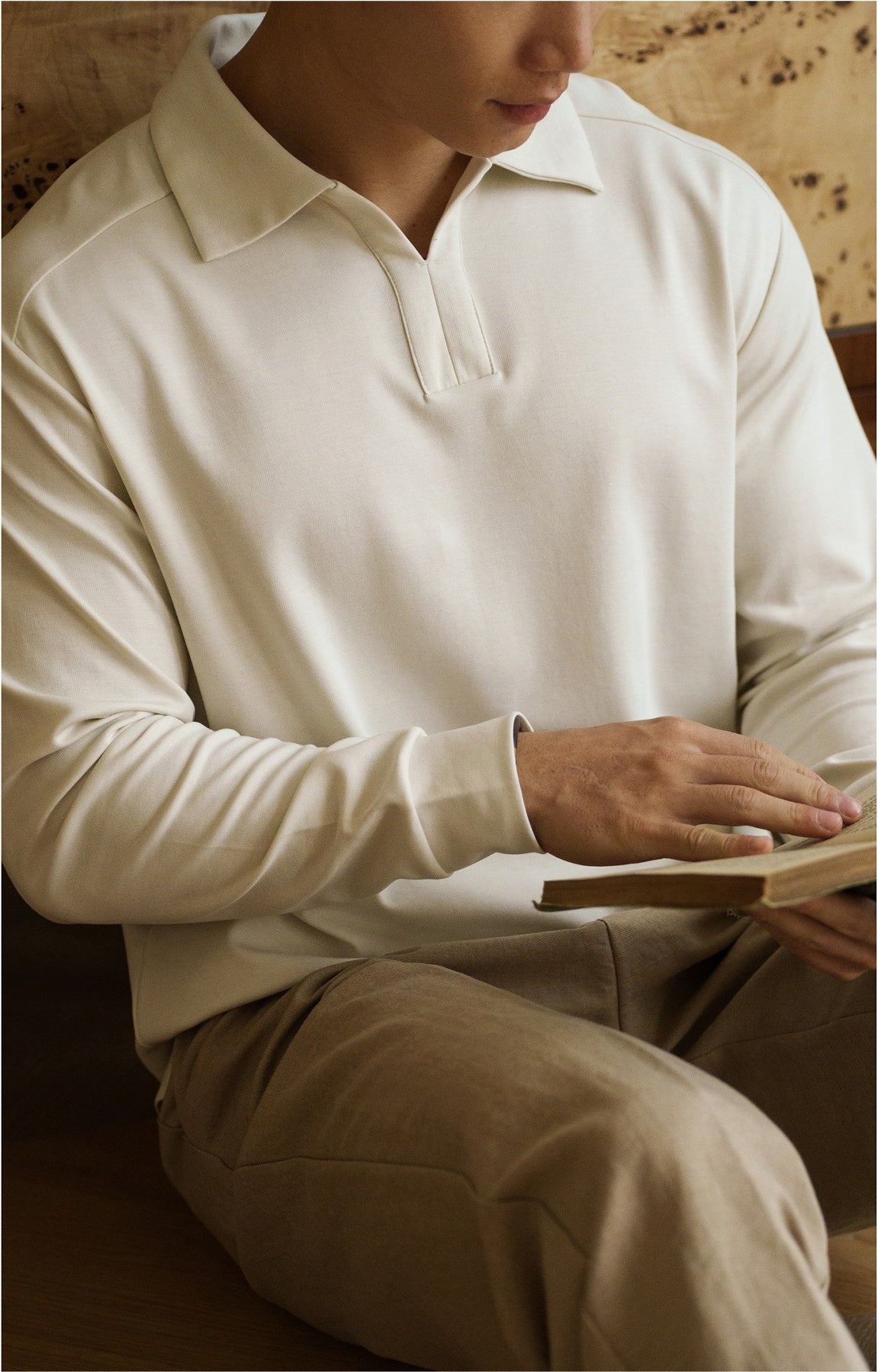 Lyocell Cotton Blend Polo Neck T-Shirt in Warm Sand