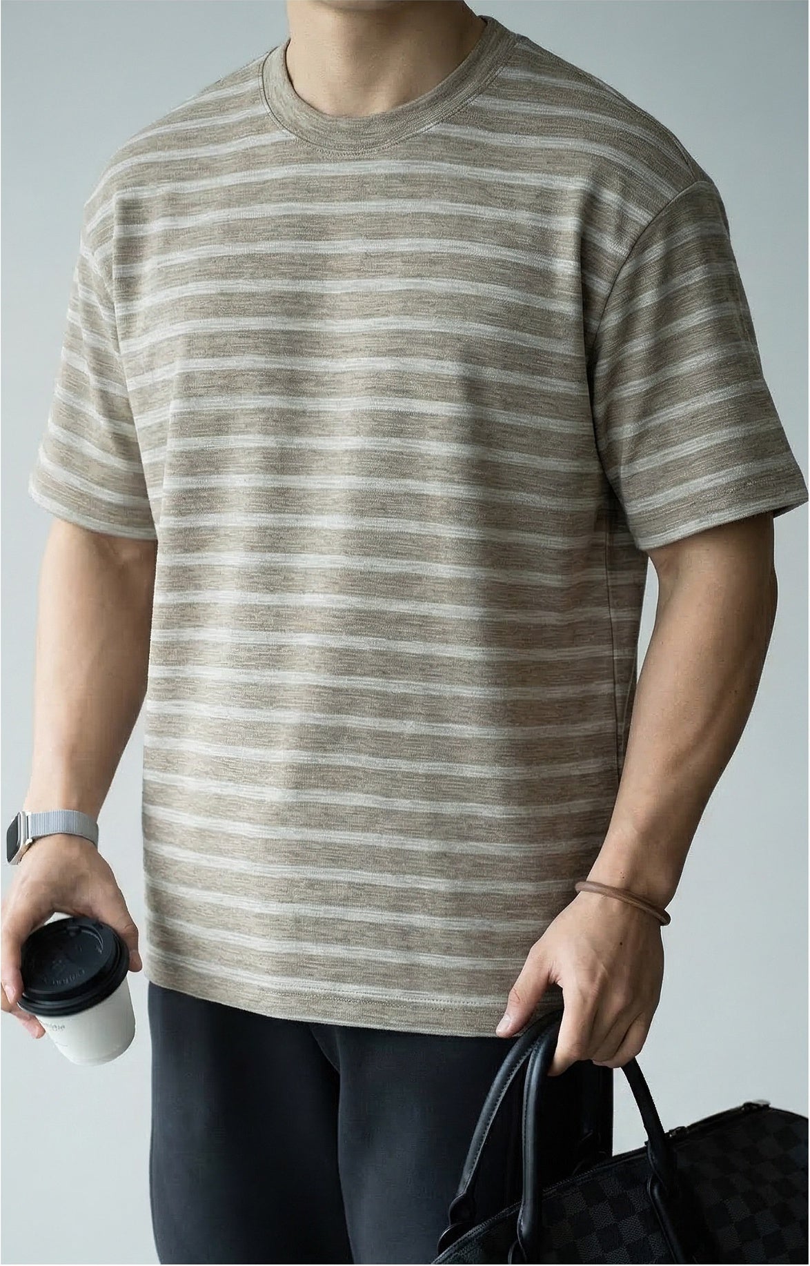 Drop-Shoulder Jacquard Stripe Tee in Apricot Coffee alt