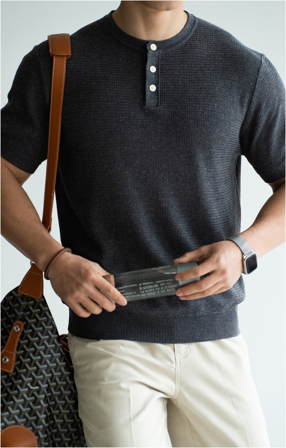 Barn Style Textured Lyocell Linen Henley Tee in Grey alt