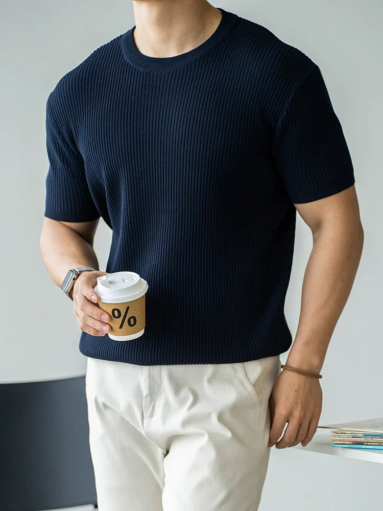 Old Money Style 100% Viscose Knit T-Shirt in Navy