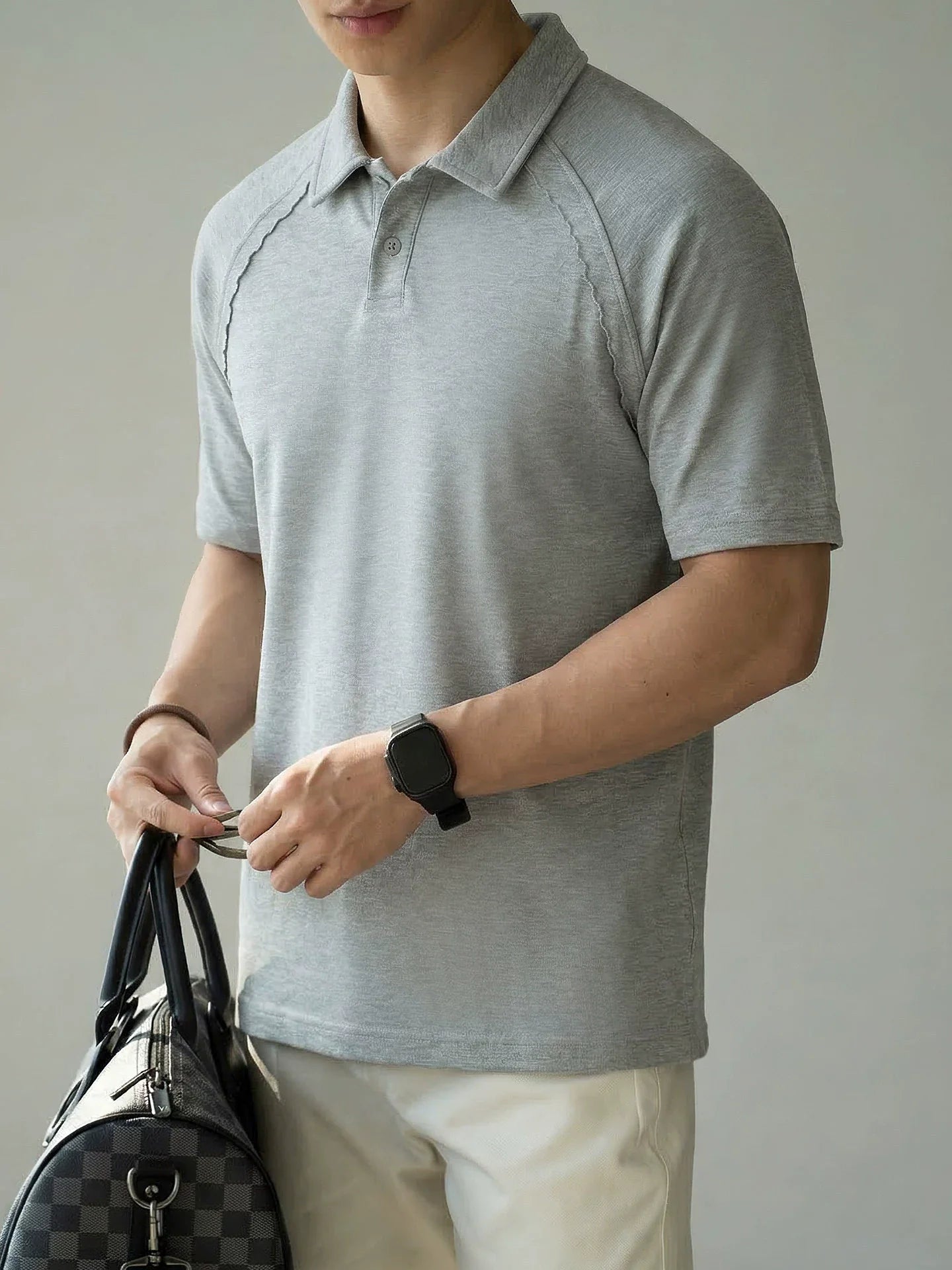 Old Money Style Cotton Blend Raglan Polo Tee in Ash Grey