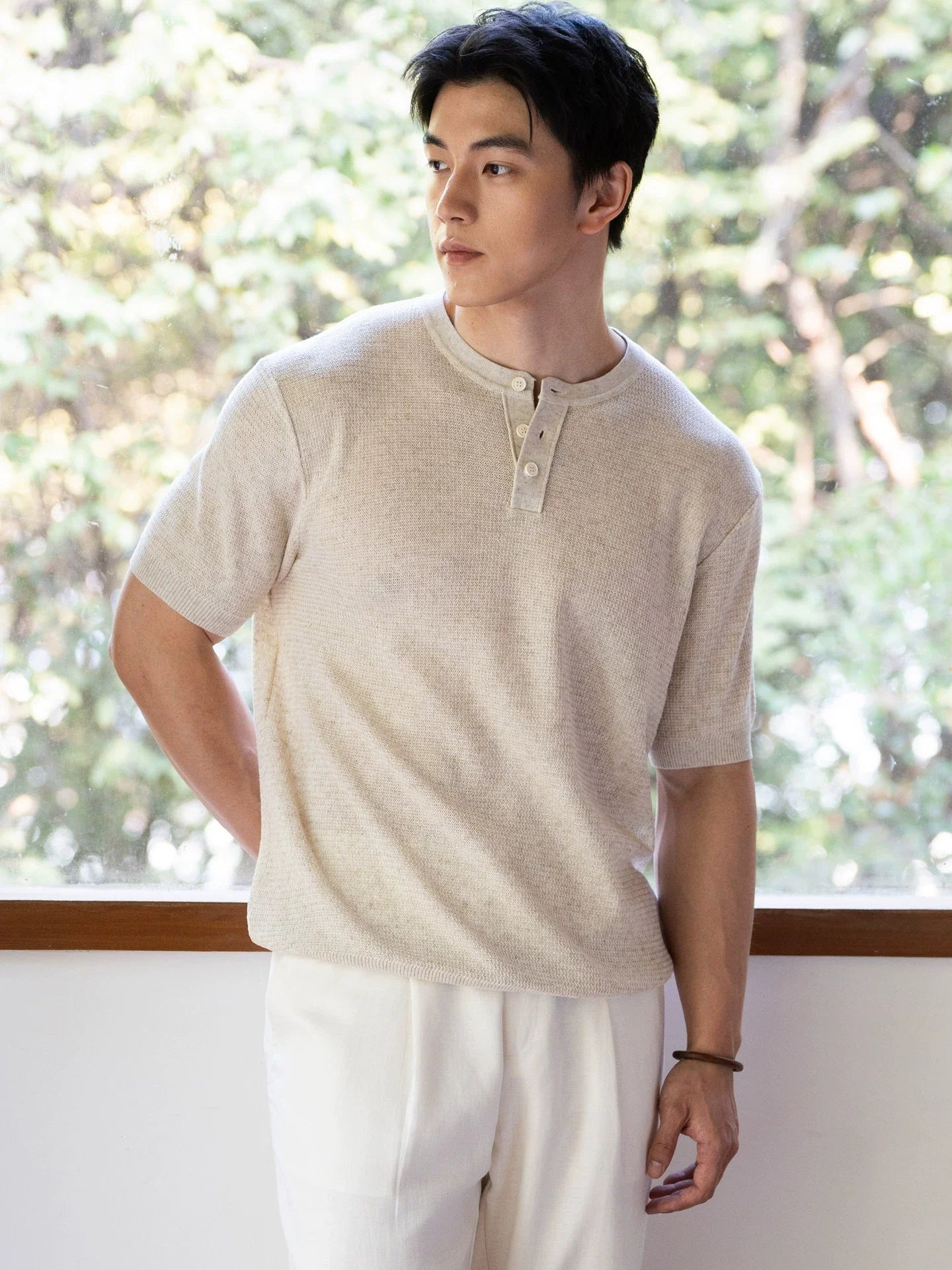 Barn Style Textured Lyocell Linen Henley Tee in Oatbeige