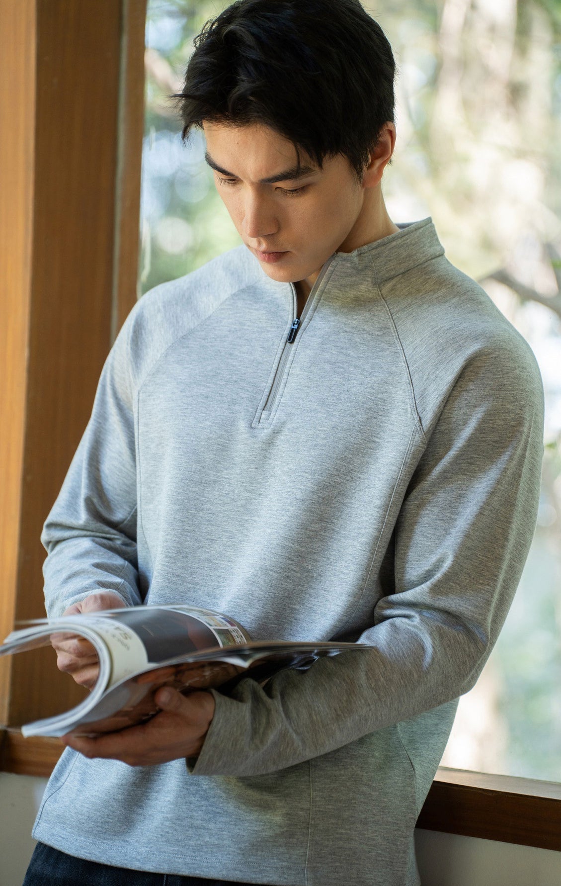 Cotton Lyocell Blend Stand Collar Pullover - MELANGEGRAY alt