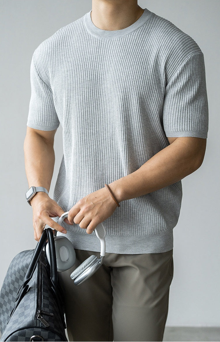 Old Money Style 100% Viscose Knit T-Shirt in Melange Grey