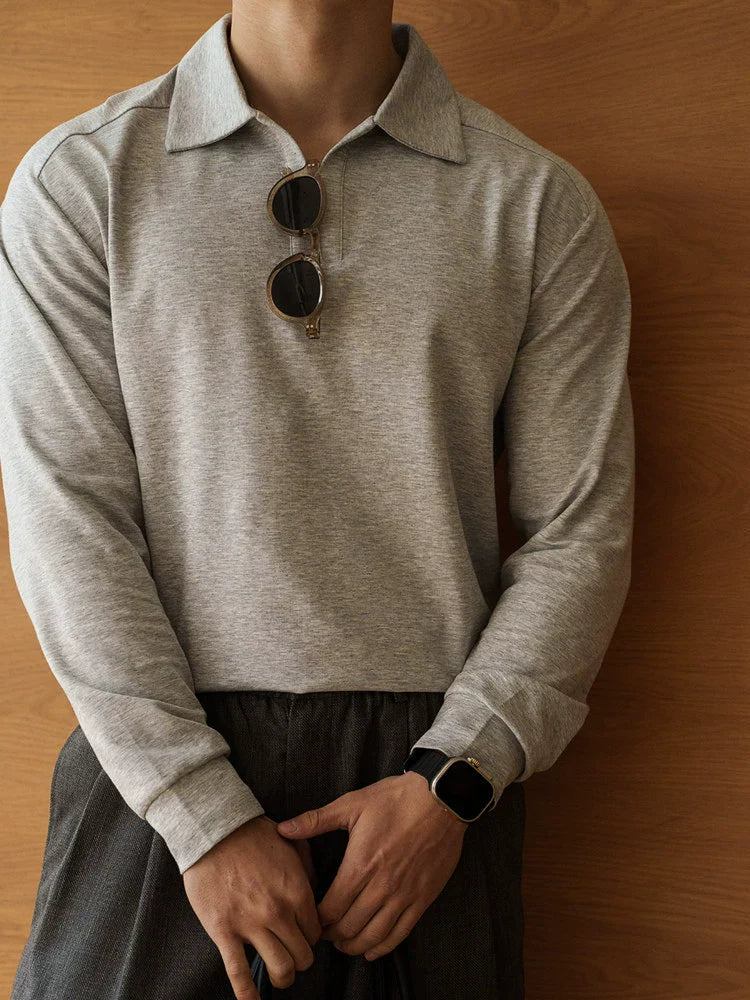 Lyocell Cotton Blend Polo Neck T-Shirt in Marl Grey