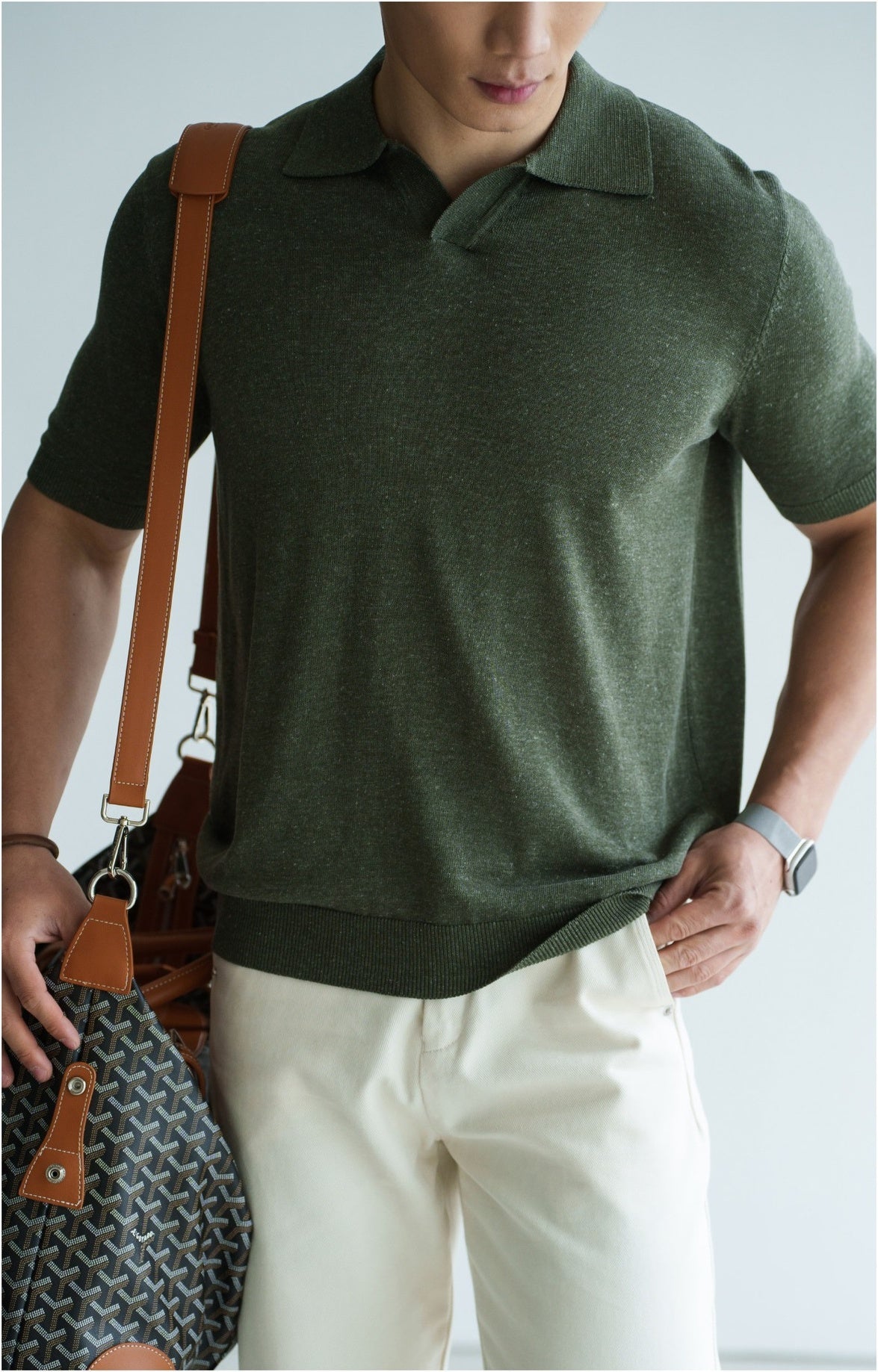 Old Money Style Linen Lyocell Knitted Polo Shirt in Forest Olive alt