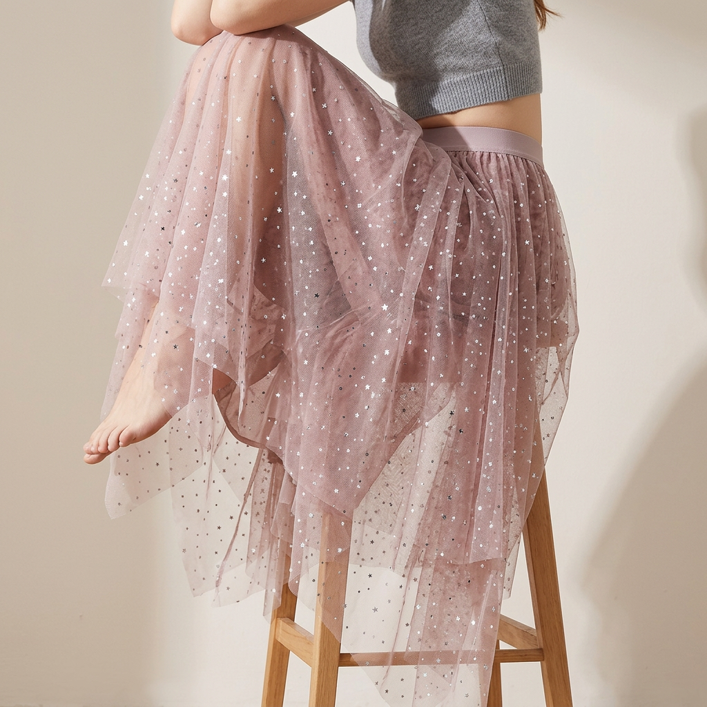 Fluffy Star Sequin Irregular Mesh And Velvet Skirt - 0310_PINK