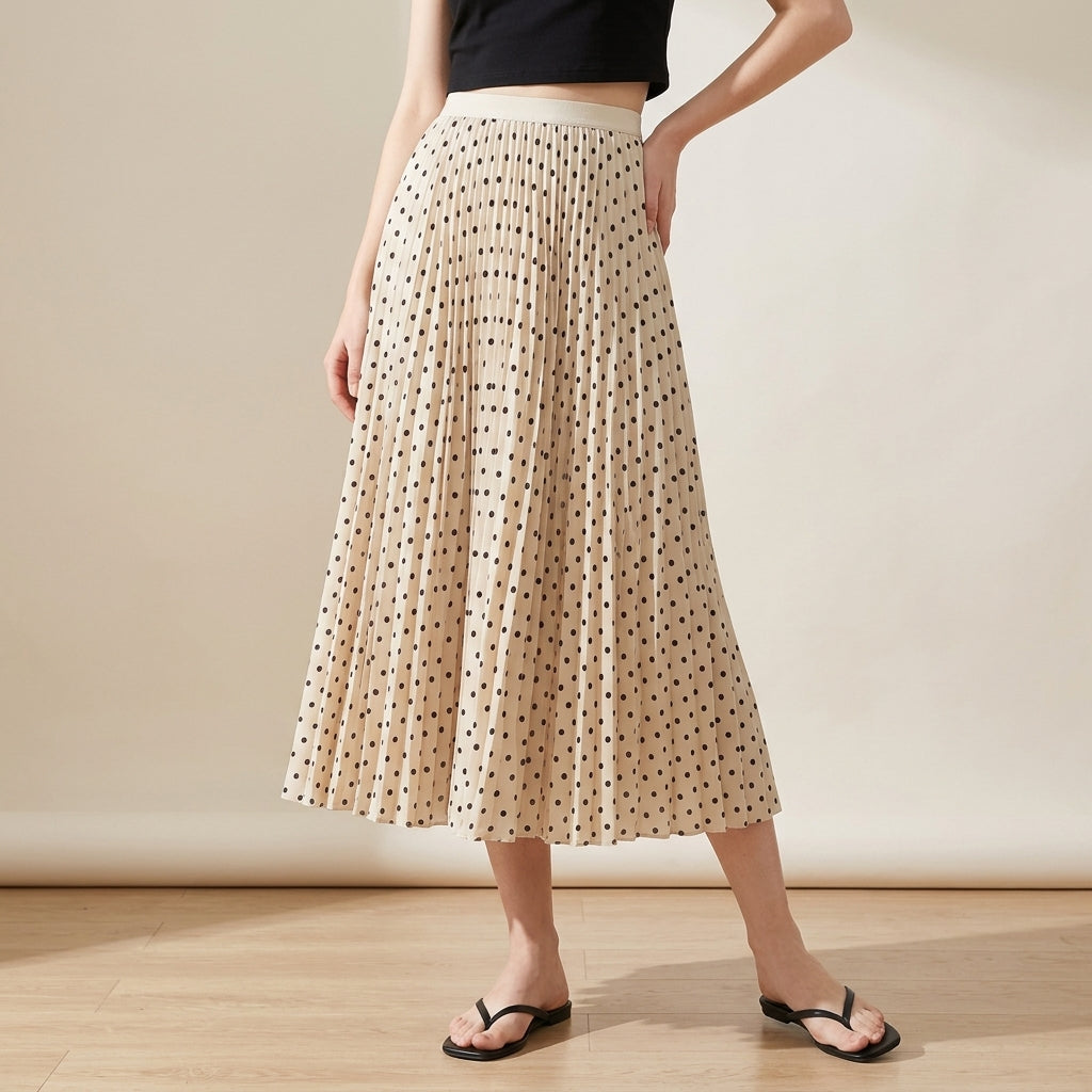 Polka Dot A Line Pleated Skirt - APRICOT