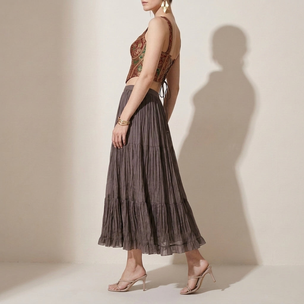 Women's Crushed Fabric Boho Tiered Pleated  Maxi Skirt - COFFEE
