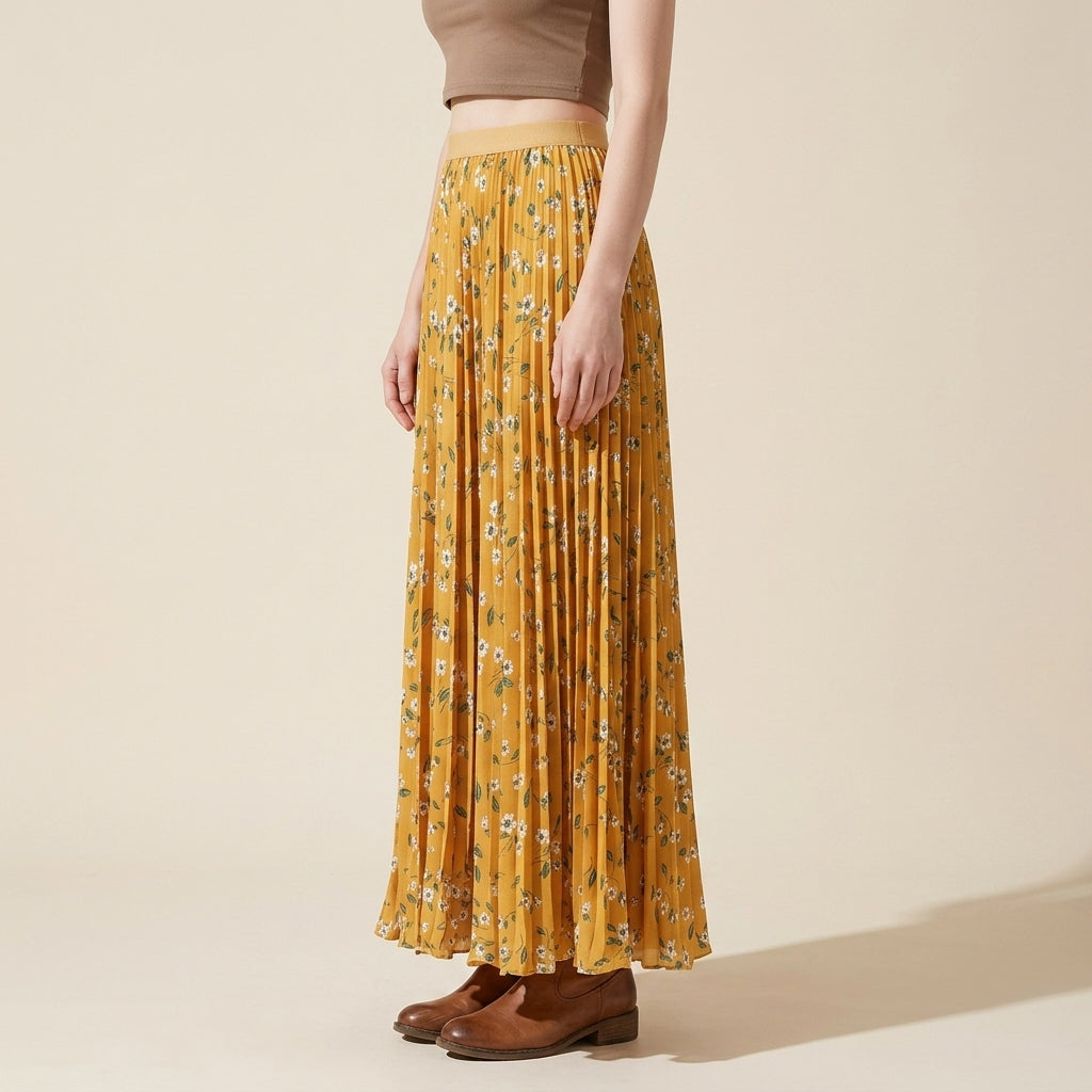 Pleated Floral Chiffon Skirt  - YELLOW alt