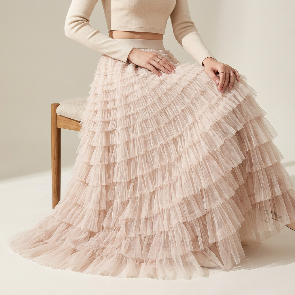 Heavy Mesh Gauze Multilayer Long Skirt With Satin Lining - 2210_APRICOT alt