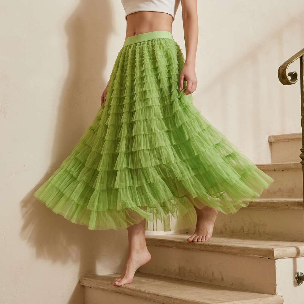 Heavy Mesh Gauze Multilayer Long Skirt With Satin Lining - 2210_FLUORESCENT GREEN