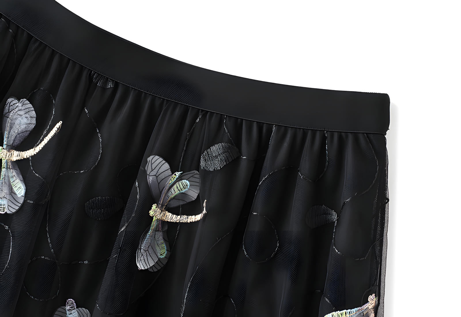 Dragonfly Embellished Floral Embroidery Mesh Black Skirt - 1810_BLA alt