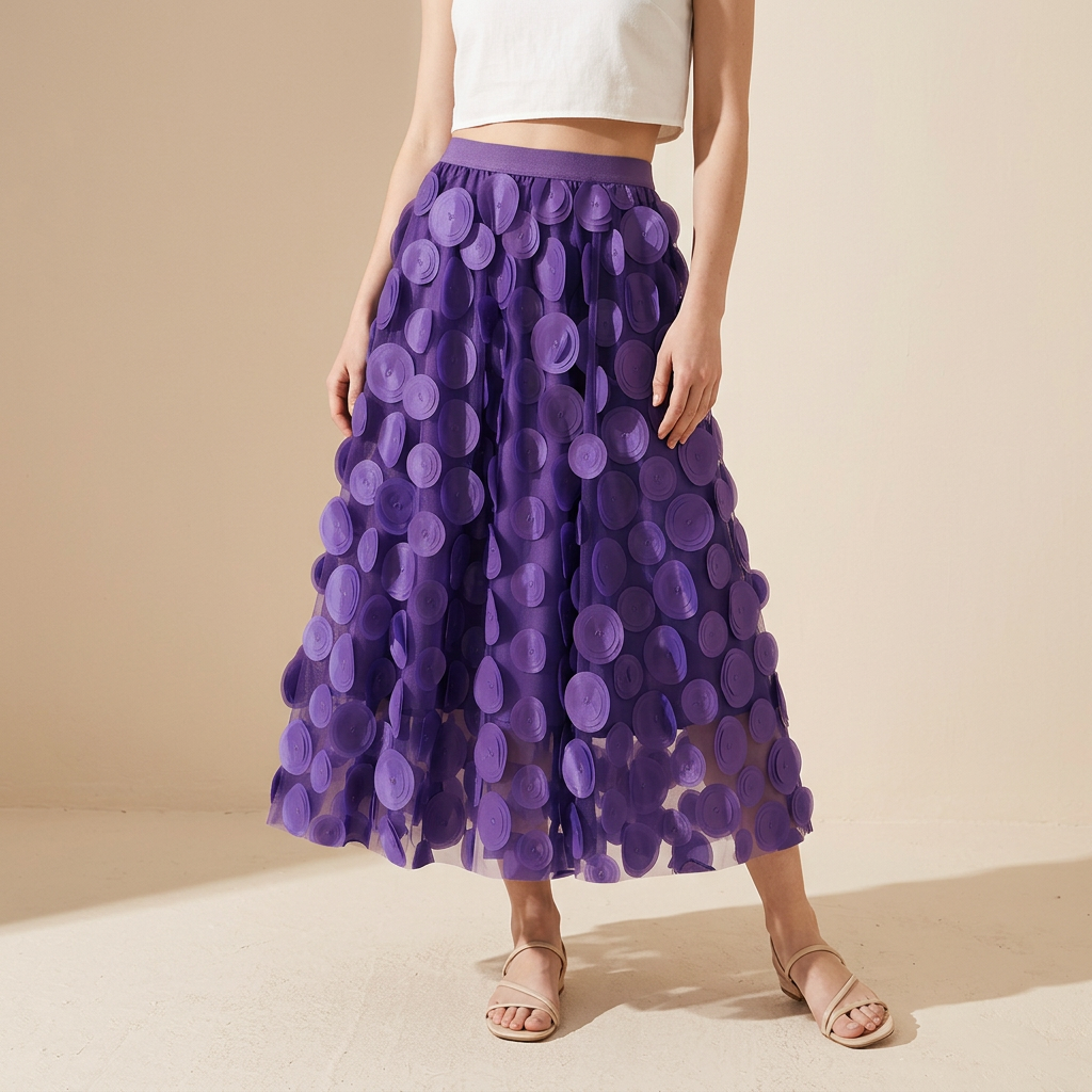 Polka Dot Hepburn Style Umbrella Mesh Skirt - 0931_PURPLE alt
