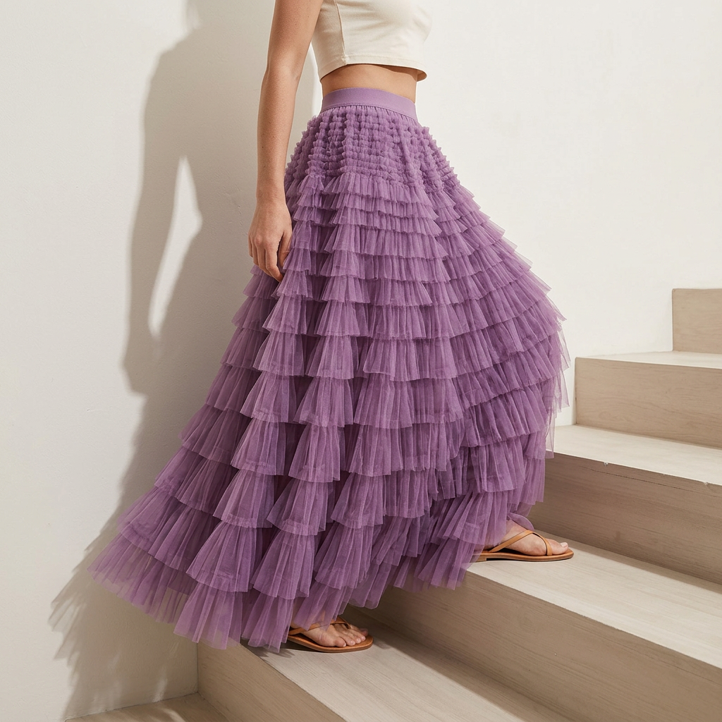 Heavy Mesh Gauze Multilayer Long Skirt With Satin Lining - 2210_DEEP PURPLE