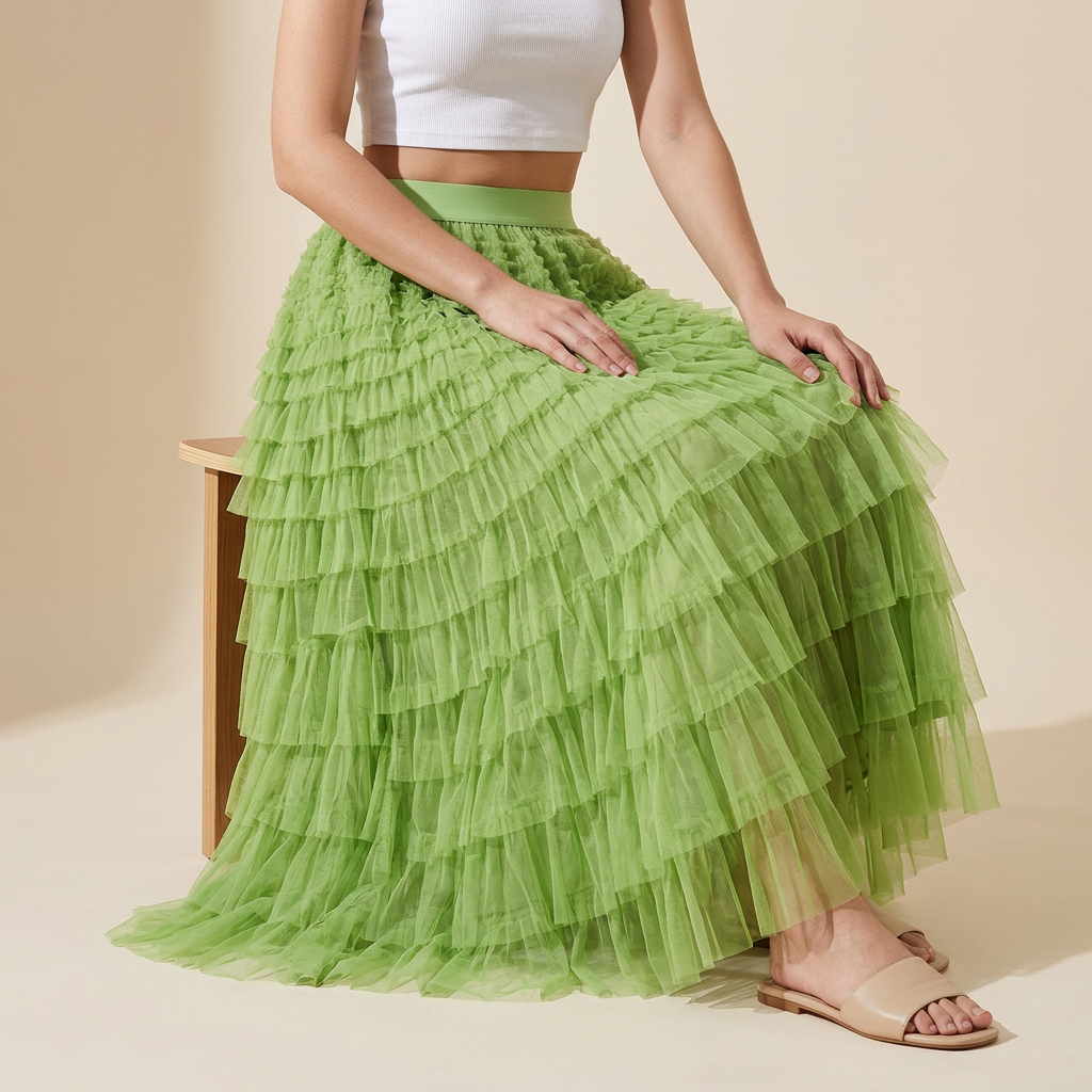Heavy Mesh Gauze Multilayer Long Skirt With Satin Lining - 2210_FLUORESCENT GREEN alt