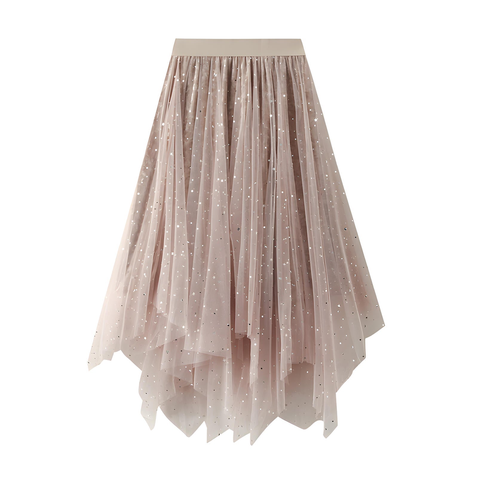 Fluffy Star Sequin Irregular Mesh And Velvet Skirt - 0310_APRICOT alt