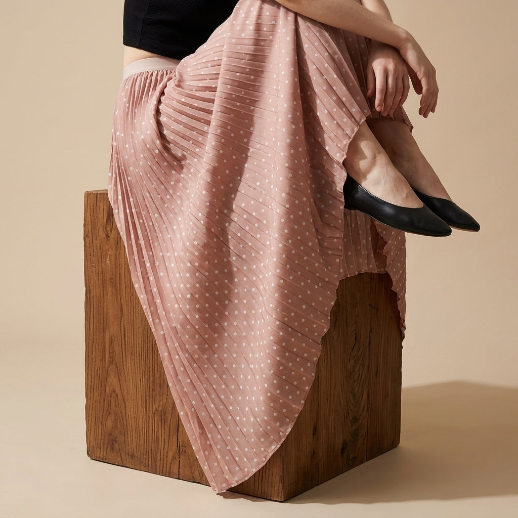 Polka Dot A Line Pleated Skirt - MAUVE PINK