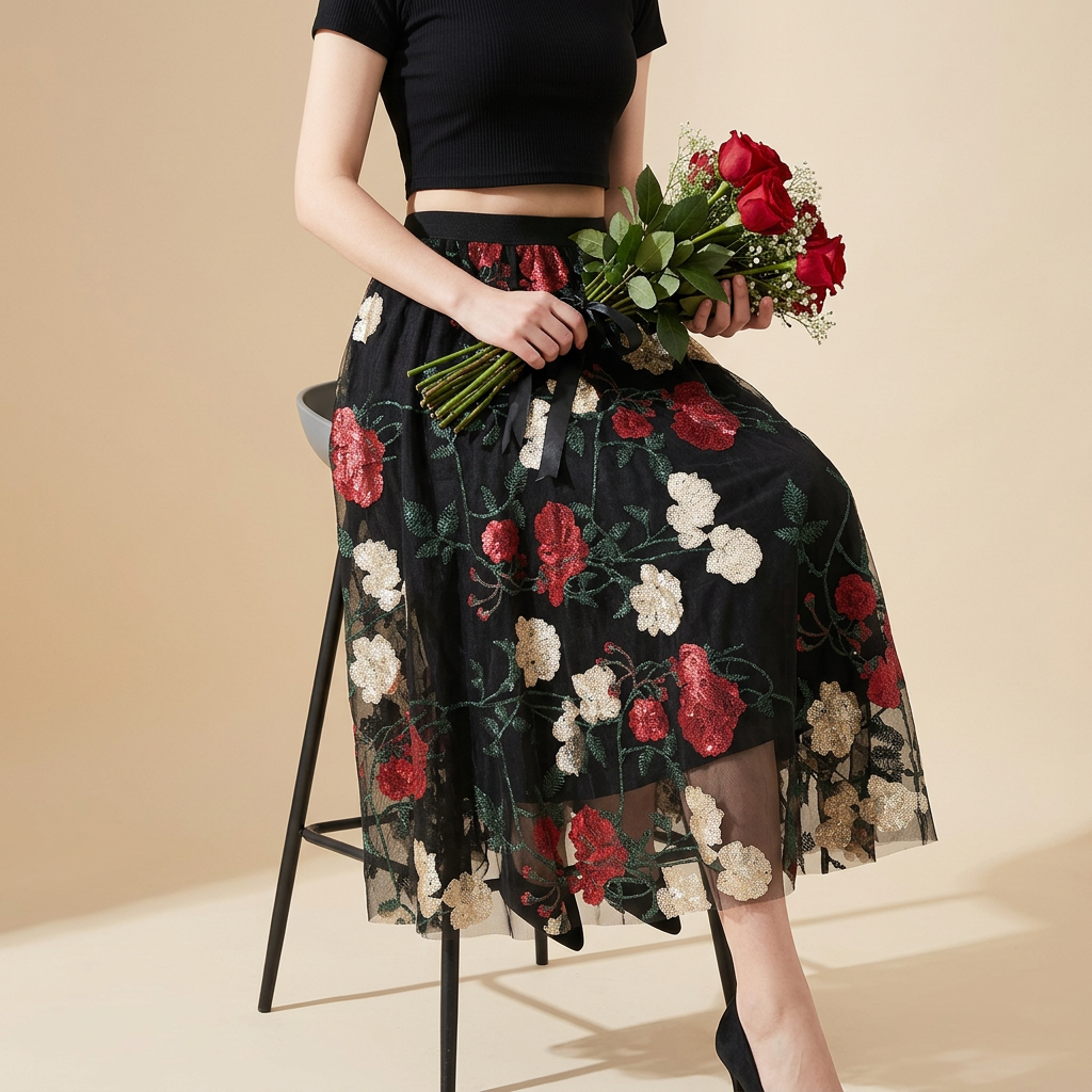 Luxury French Floral Embroidery Mesh Multilayer Black Skirt - 9803_BLA alt