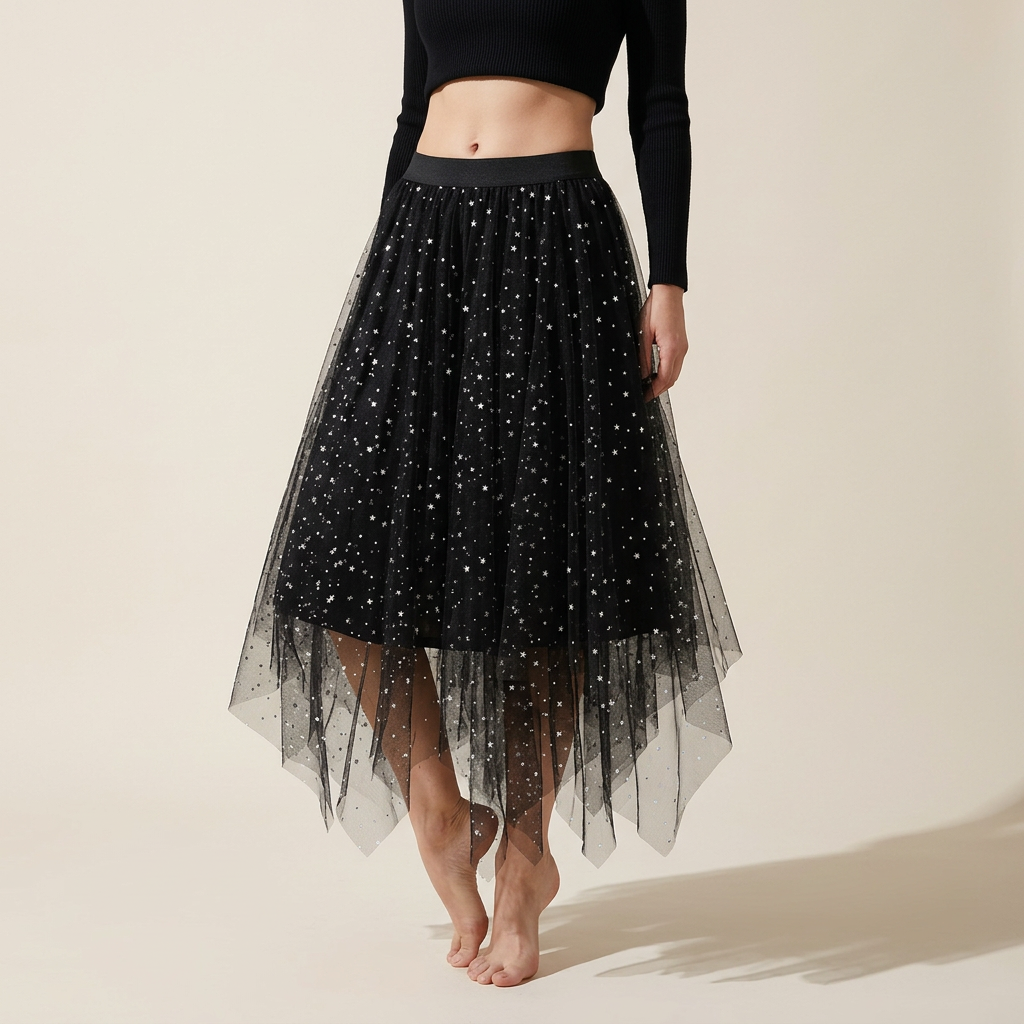 Fluffy Star Sequin Irregular Mesh And Velvet Skirt - 0310_BLACK