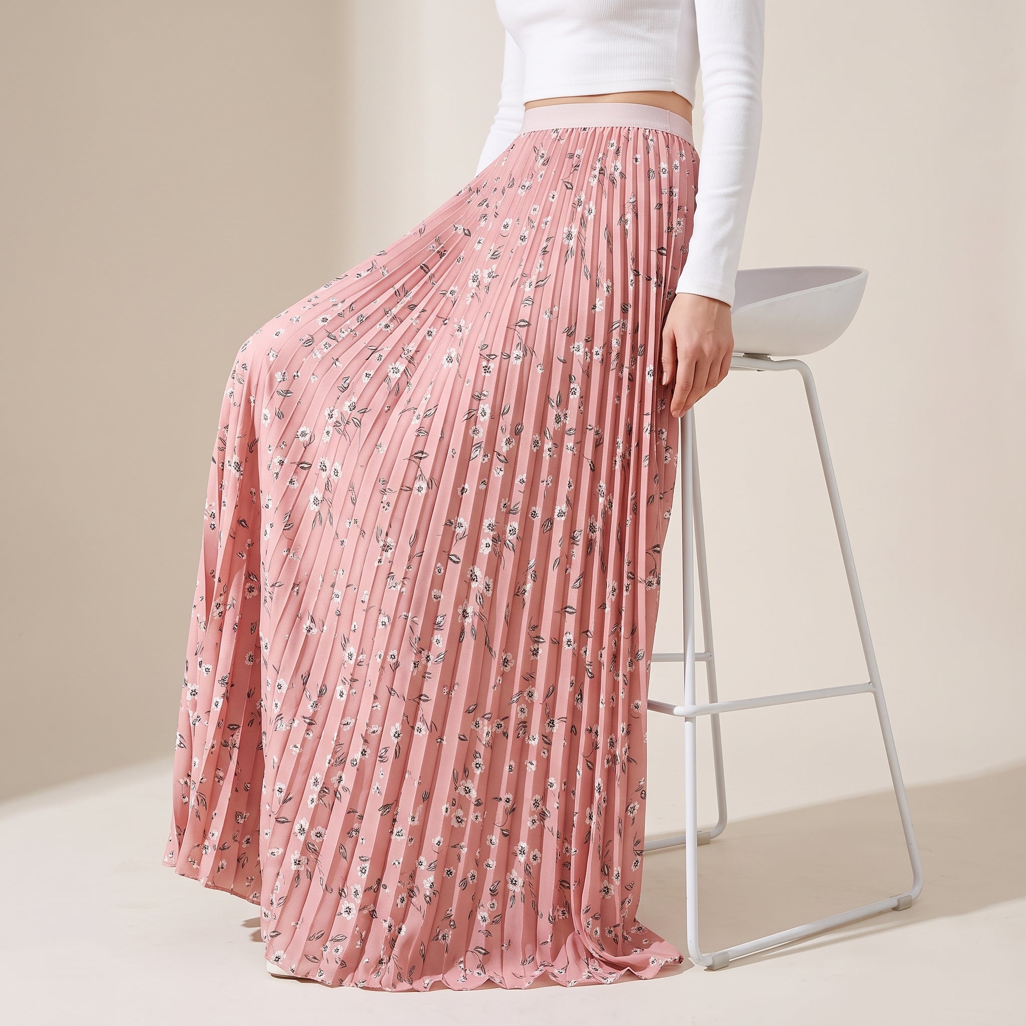 Pleated Floral Chiffon Skirt  - PINK