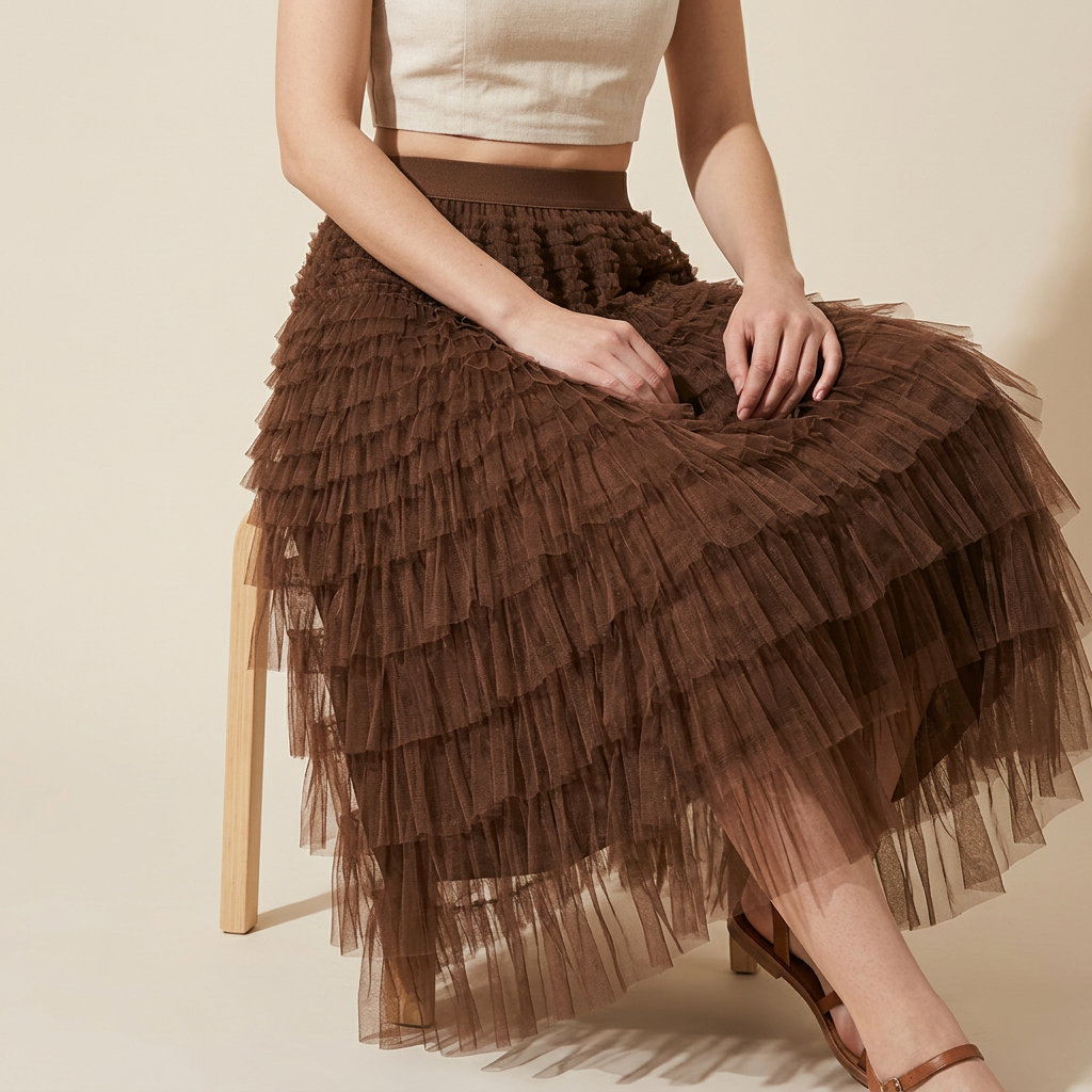 Heavy Mesh Gauze Multilayer Long Skirt With Satin Lining - 2210_DARK BROWN alt