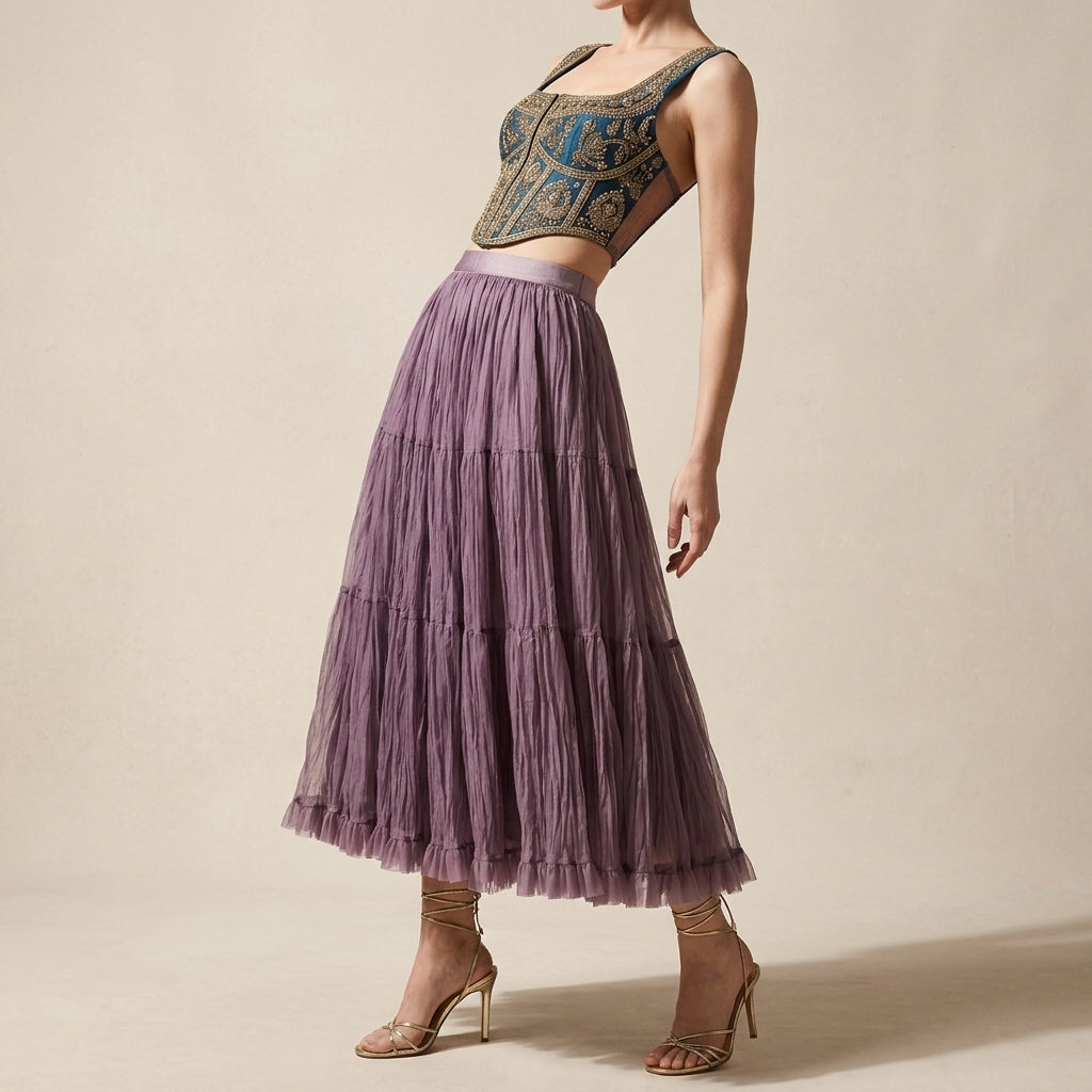 Women's Crushed Fabric Boho Tiered Pleated  Maxi Skirt - DEEPPURPLE