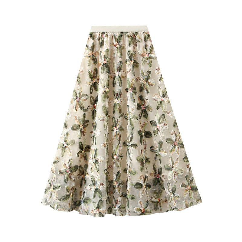 Green Floral Embroidered Mesh Maxi Skirt
