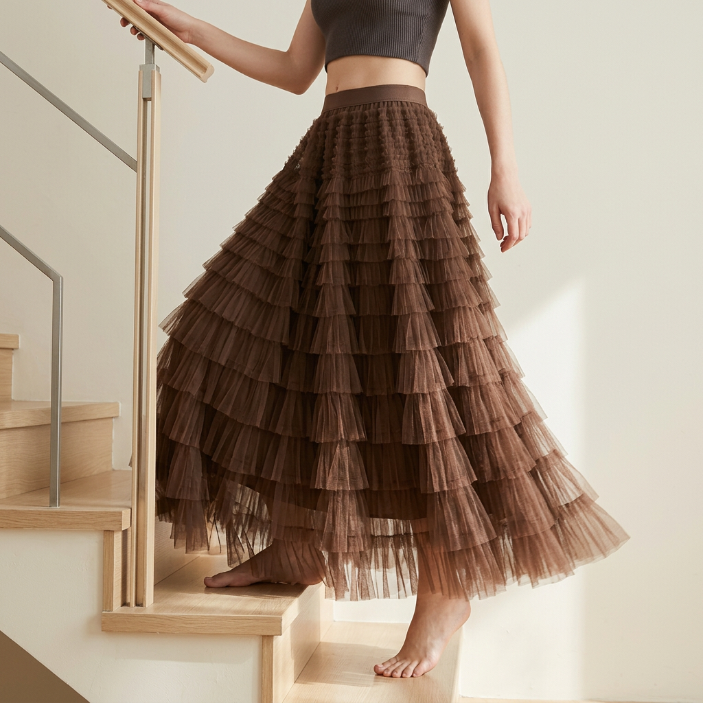 Heavy Mesh Gauze Multilayer Long Skirt With Satin Lining - 2210_DARK BROWN