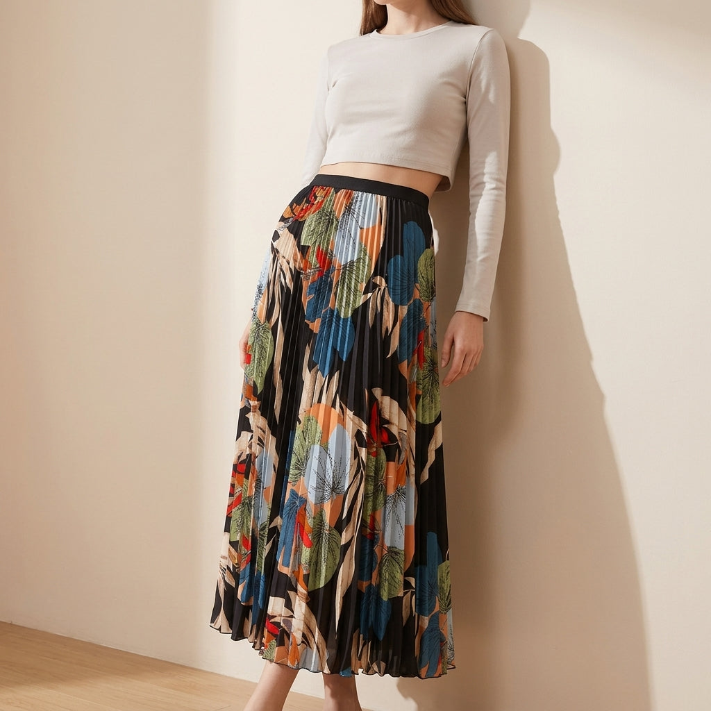 Art Print Pleated Midi Skirt in Autumn Mix - BLUE